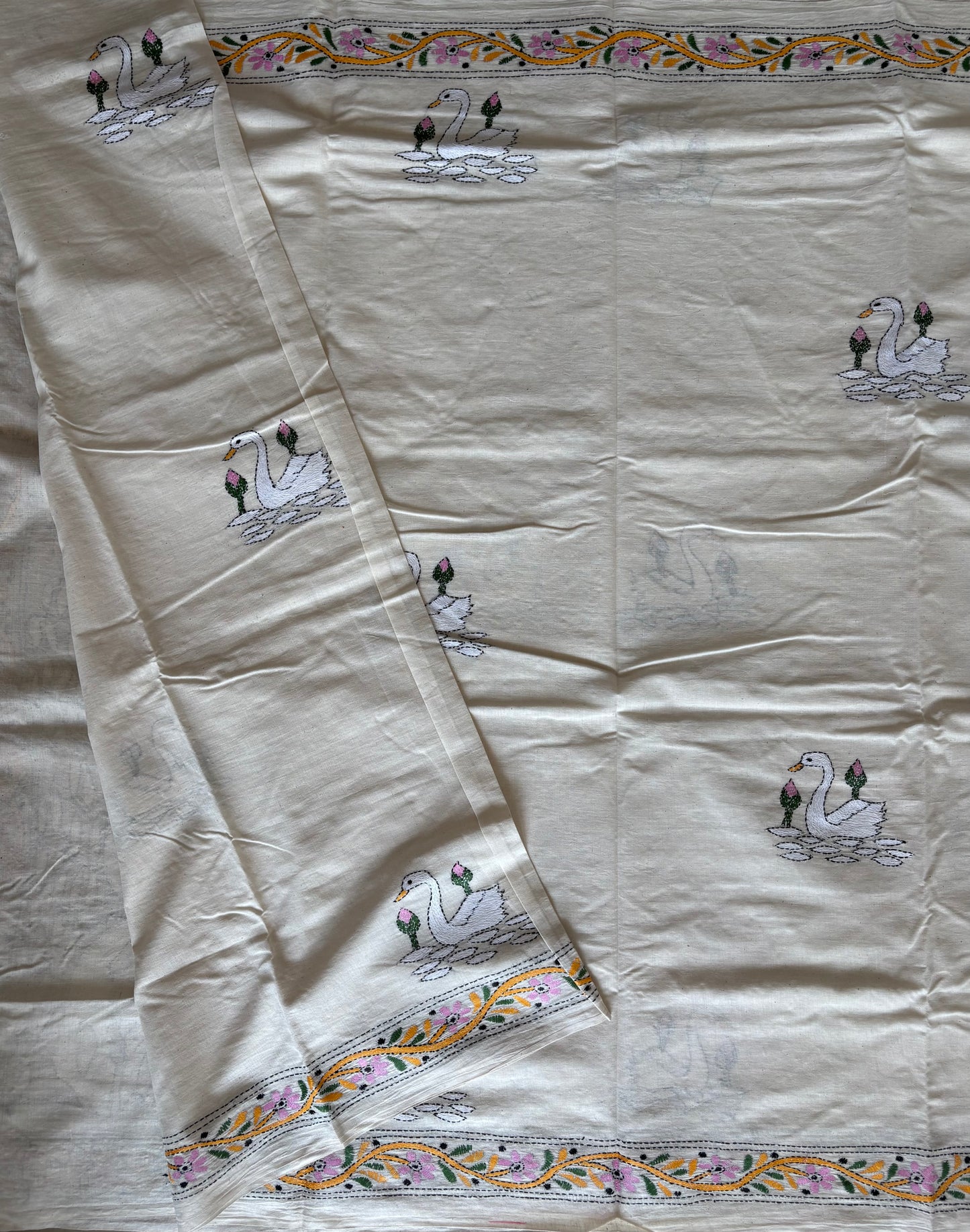 Kantha Khadi Cotton Saree - off white