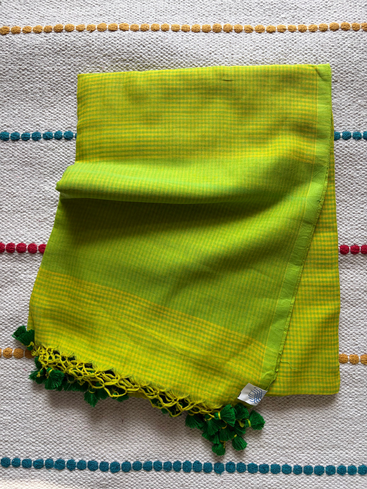 Hand woven Pure Mul Cotton small check Saree (Handloom Marked) - Green