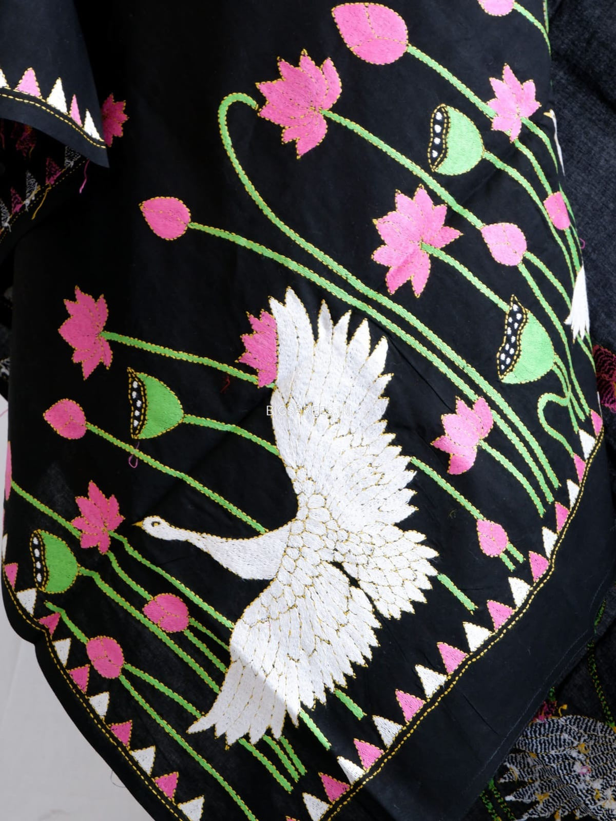 Hand Embroidered Kantha Stitch Dupatta | Khadi Cotton | Black