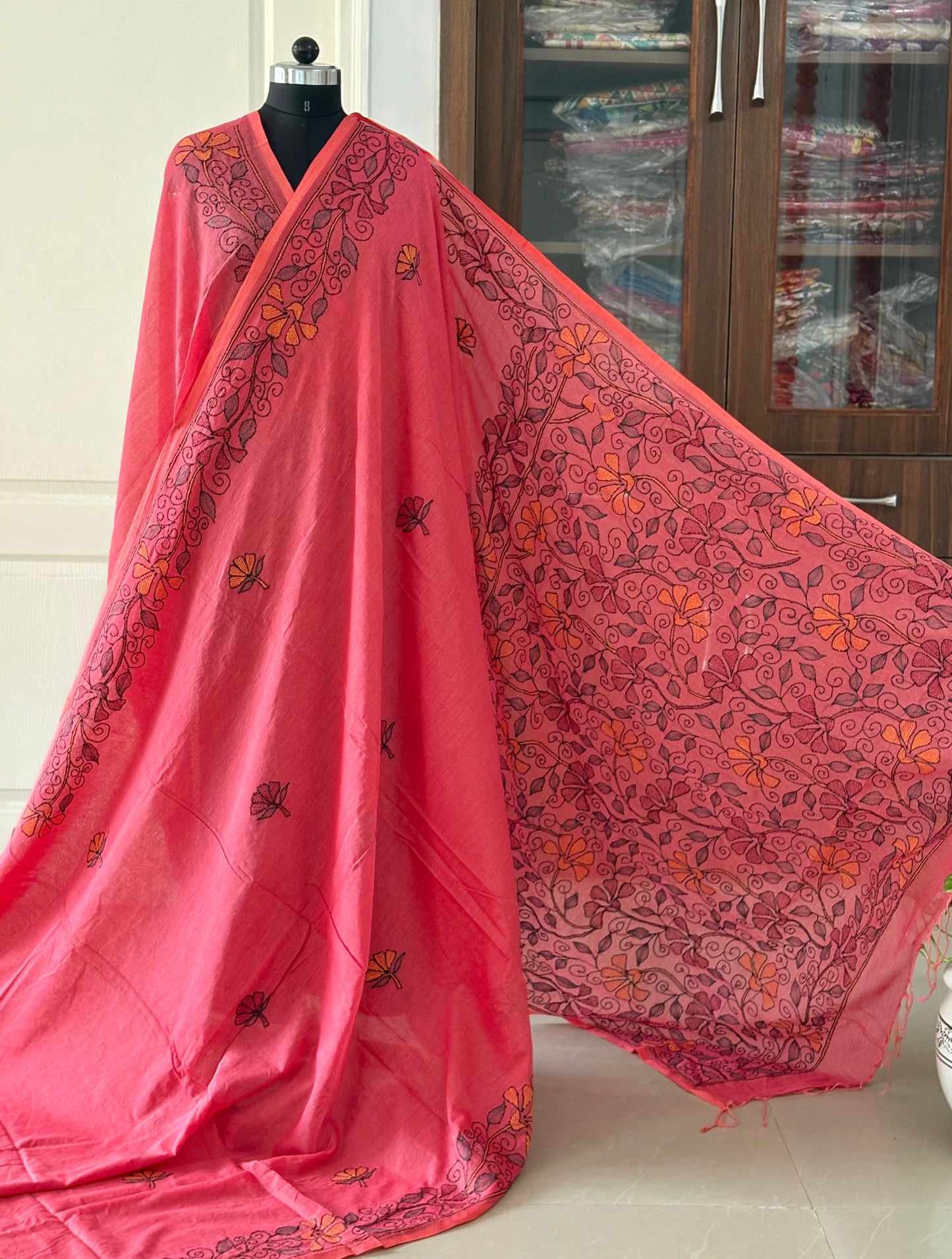 Kantha stitch Hand Embroidered Pure mul Cotton Saree