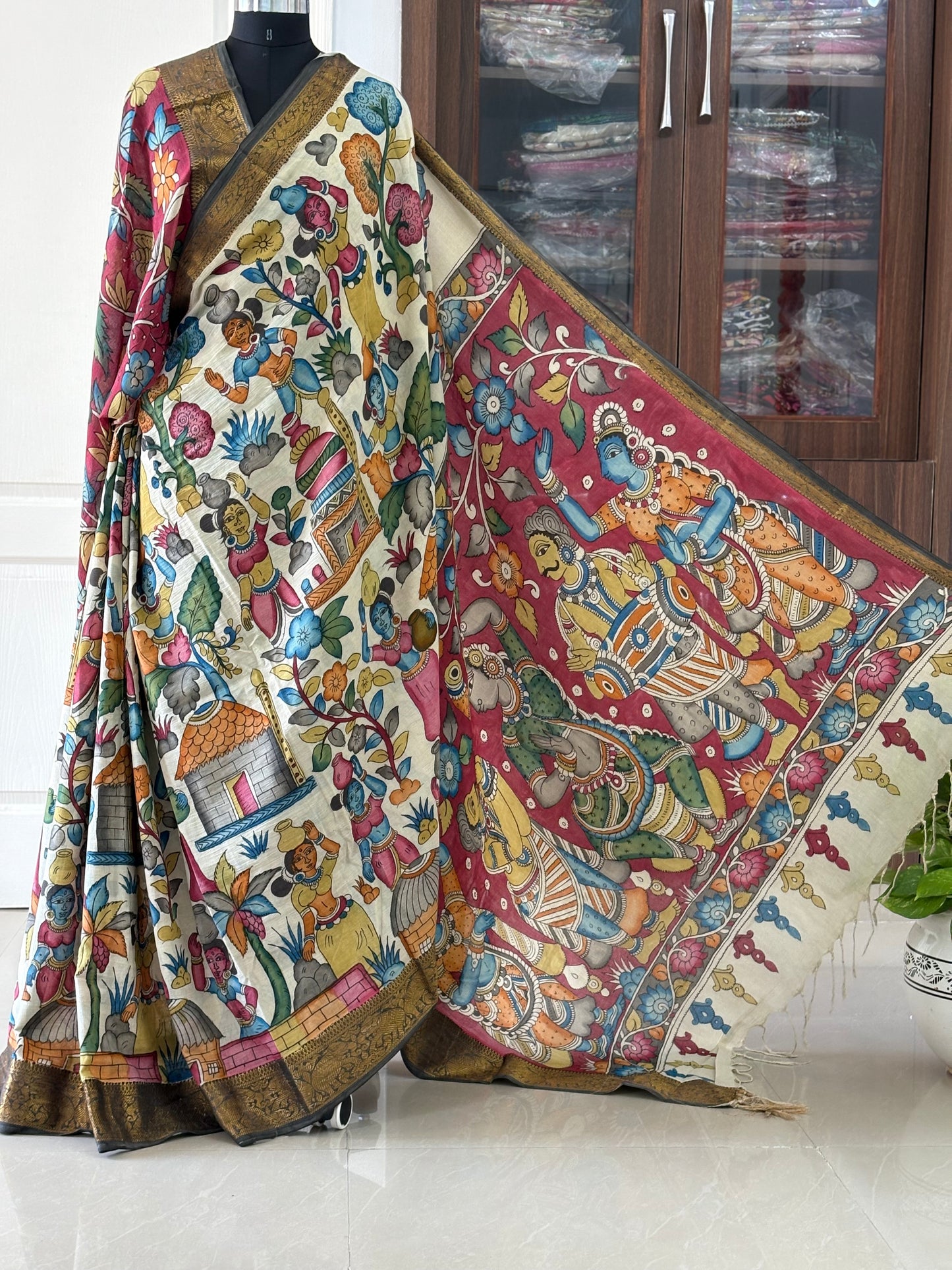 Pen Kalamkari hand painted pure cotton Saree with blouse