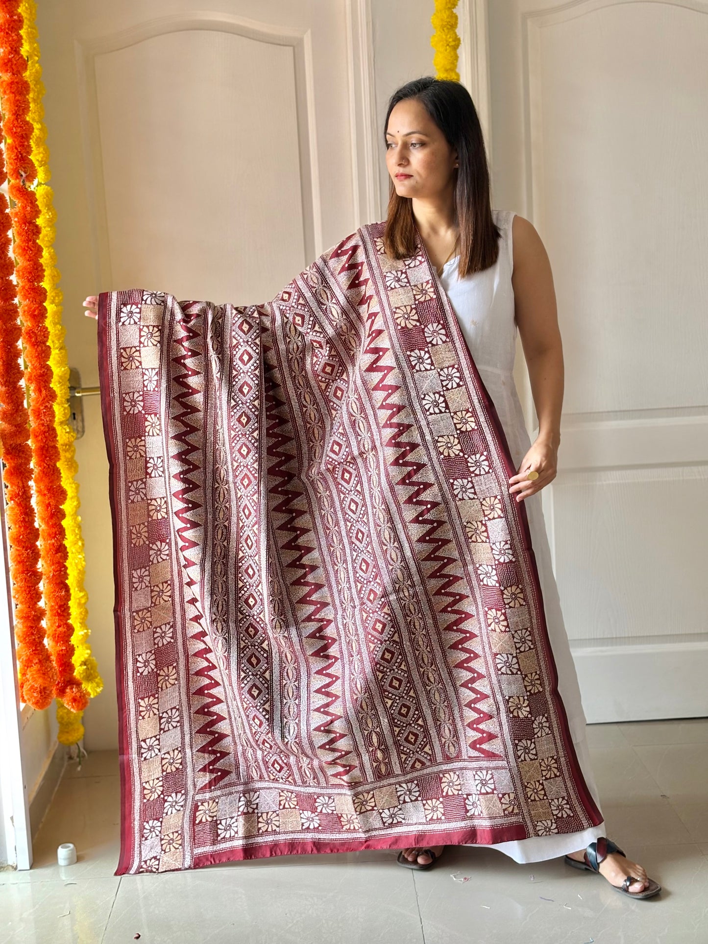Kantha Hand Embroidary Full Work Pure Banglore Silk Dupatta. (With Silk Mark)