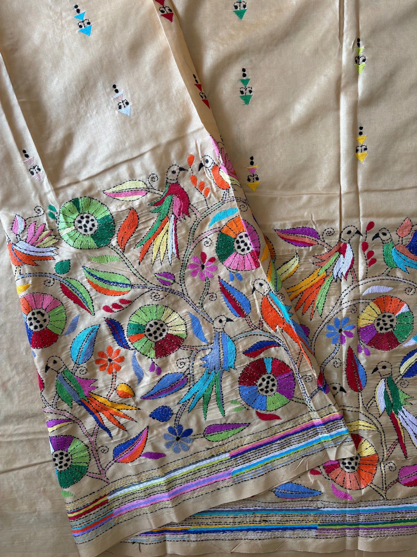 Kantha - Stitch Hand Embroidered Saree| Blended Bangalore Silk / Art Silk | Beige