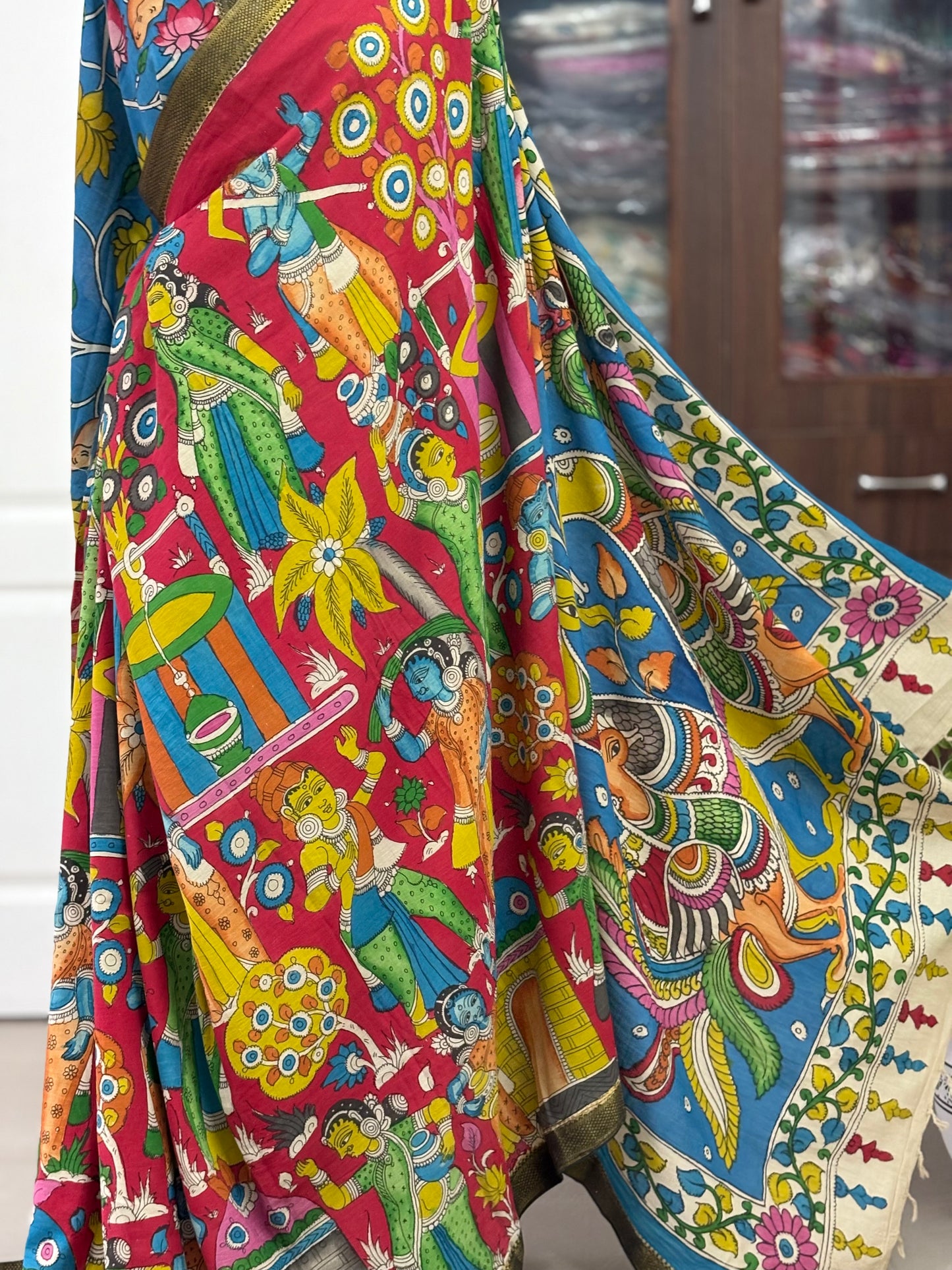 Pen Kalamkari hand painted pure cotton Saree with blouse