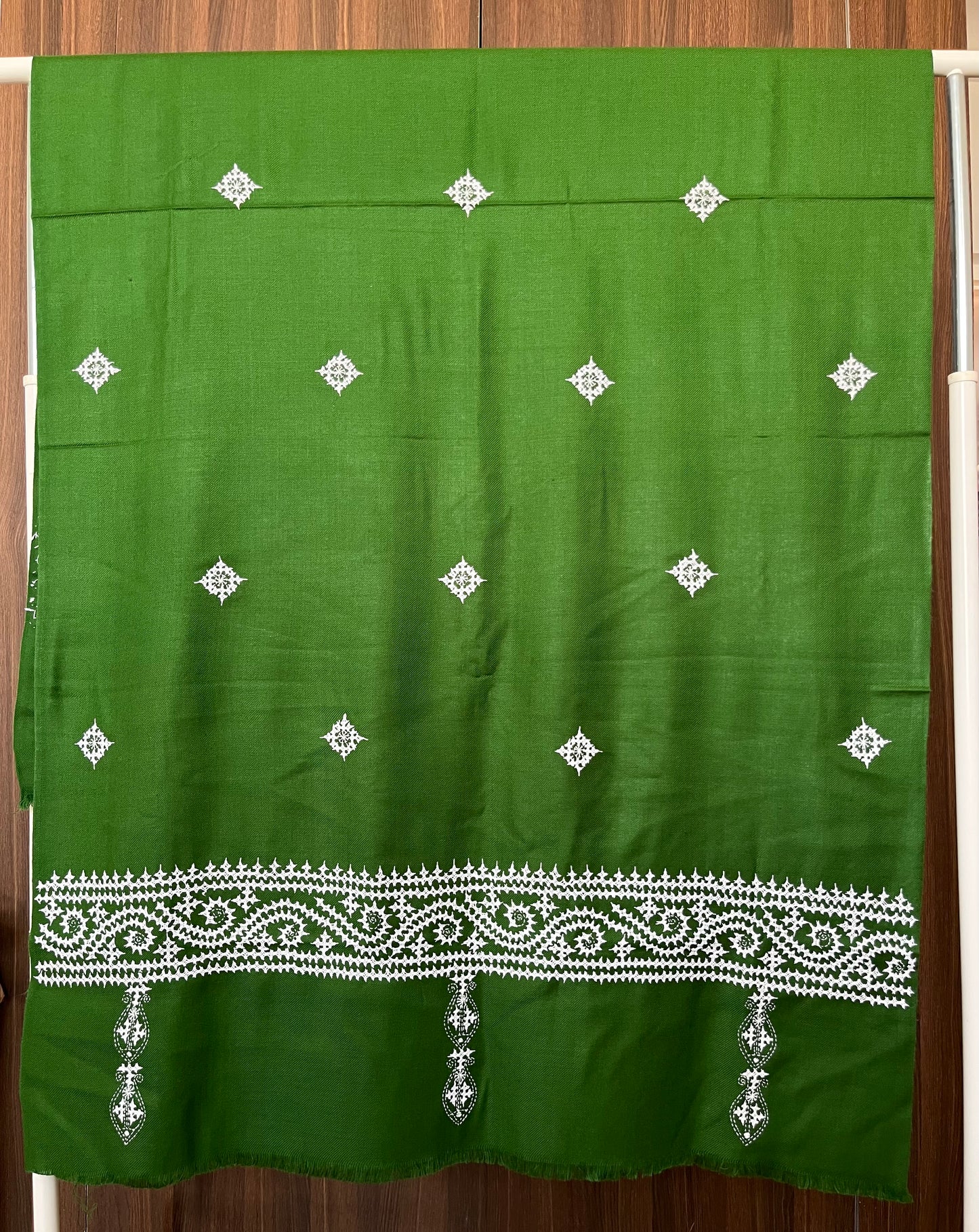 Gujrati Stitch Hand Embroidered Woollen Warm Shawl (Parrot Green)