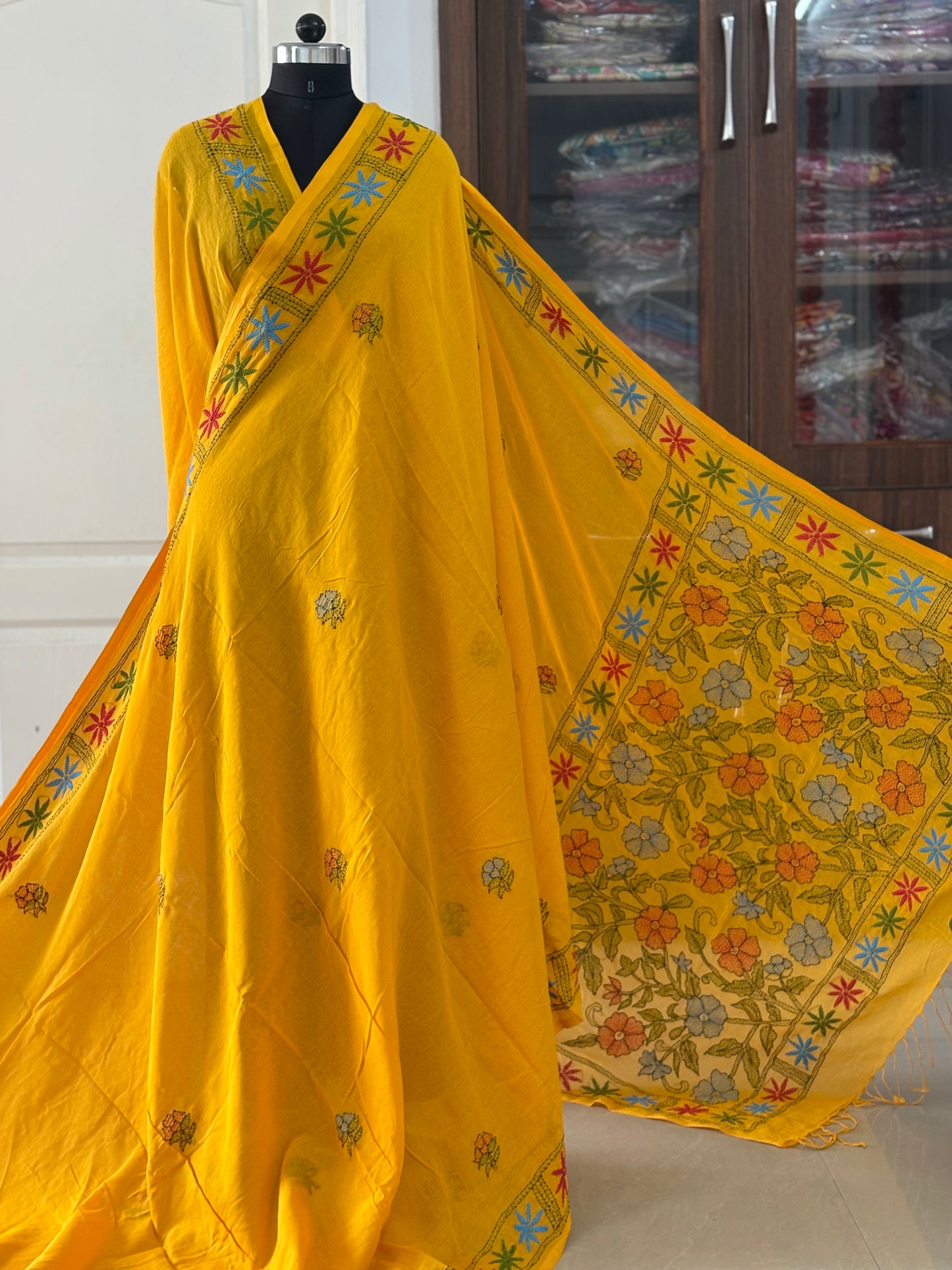 Kantha stitch Hand Embroidered Pure mul Cotton Saree