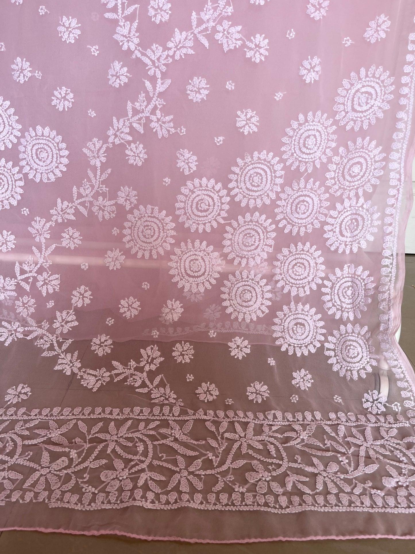 Light Pink Georgette Chikankari Work Hand Embroidered Saree