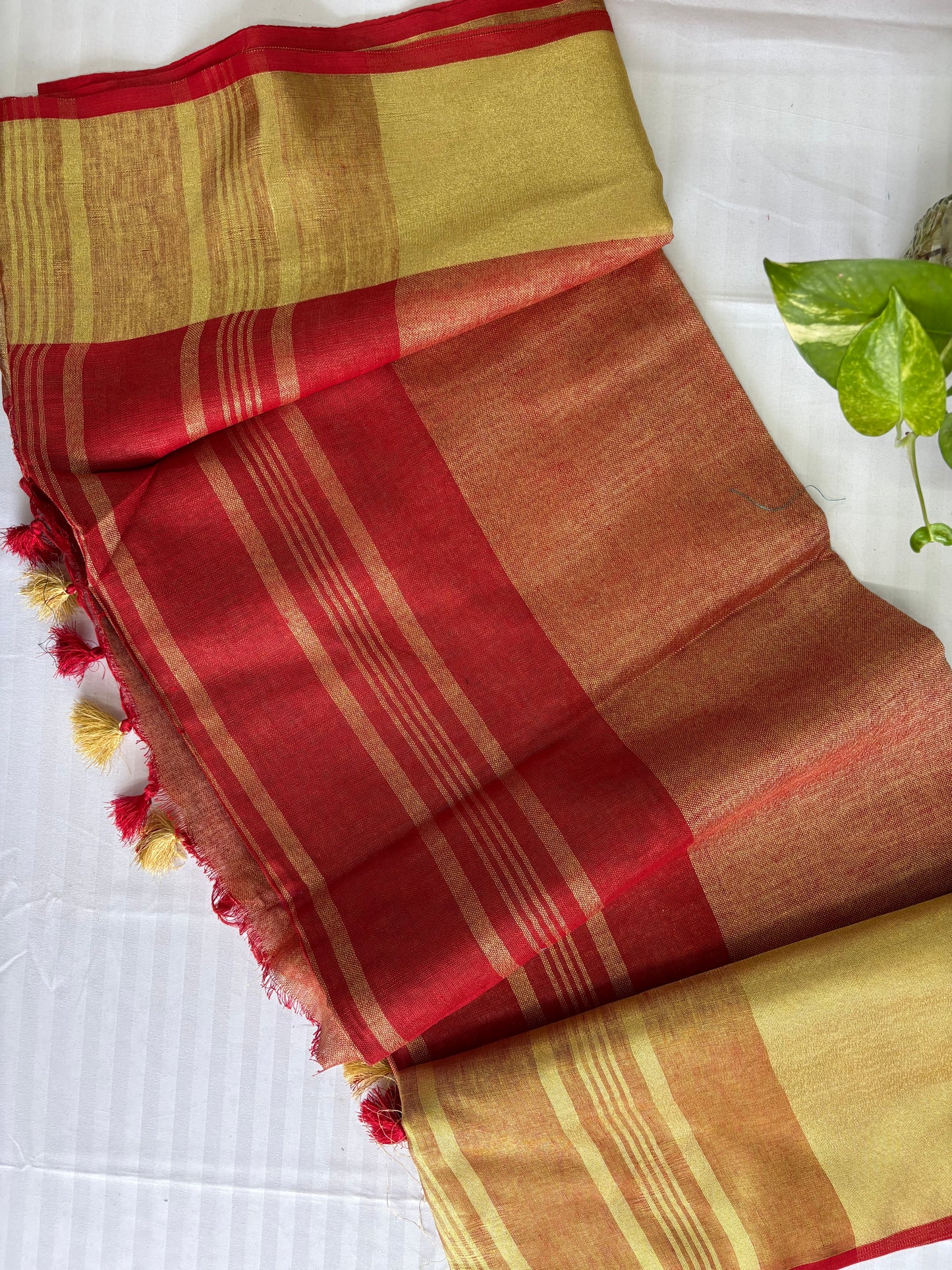 Red golden pure Linen By Linen Saree With running Blouse