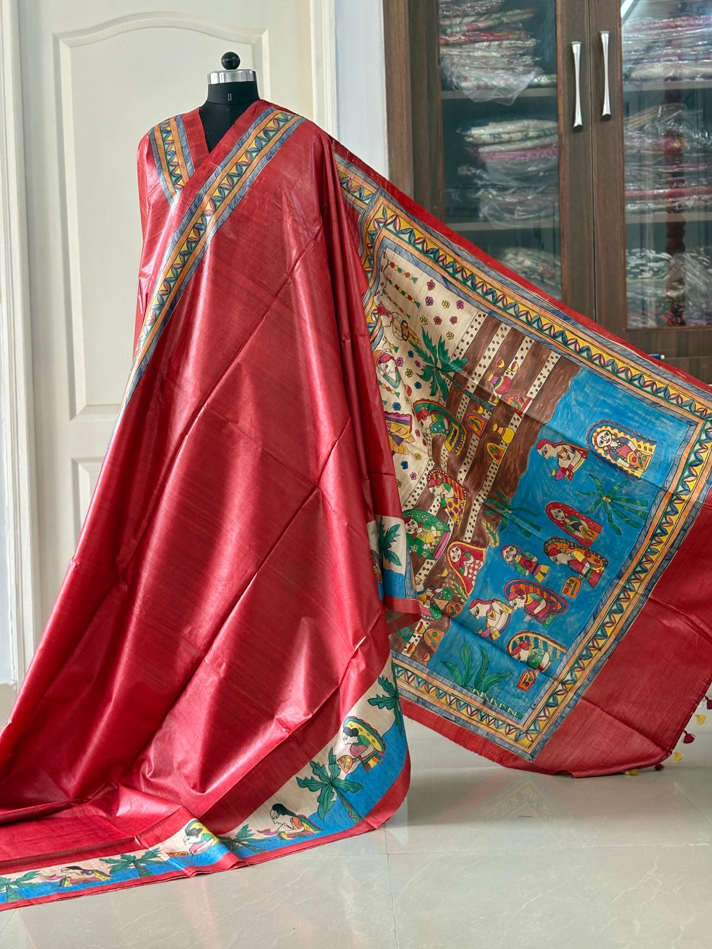 Pure Desi Tussar Silk Handcrafted Madhubani Saree (Silk Marked)