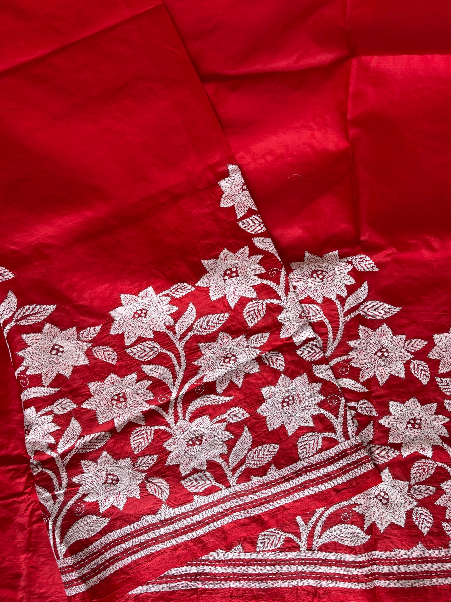 Kantha Stitch Hand Embroidered Pure Banglore Silk Saree (Silk Marked)