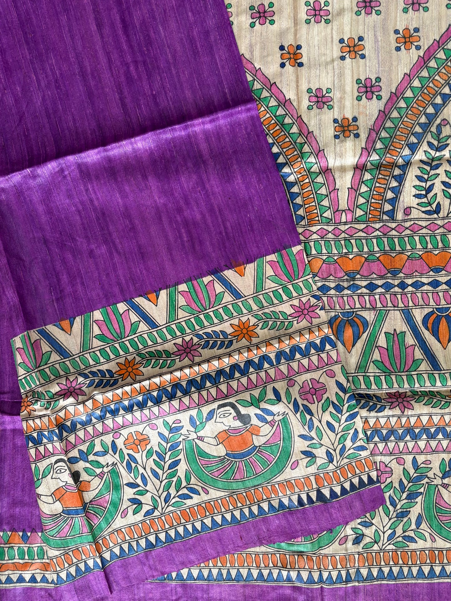 Pure Tussar Ghicha Silk Handcrafted Madhubani Half Saree (Silk Marked)