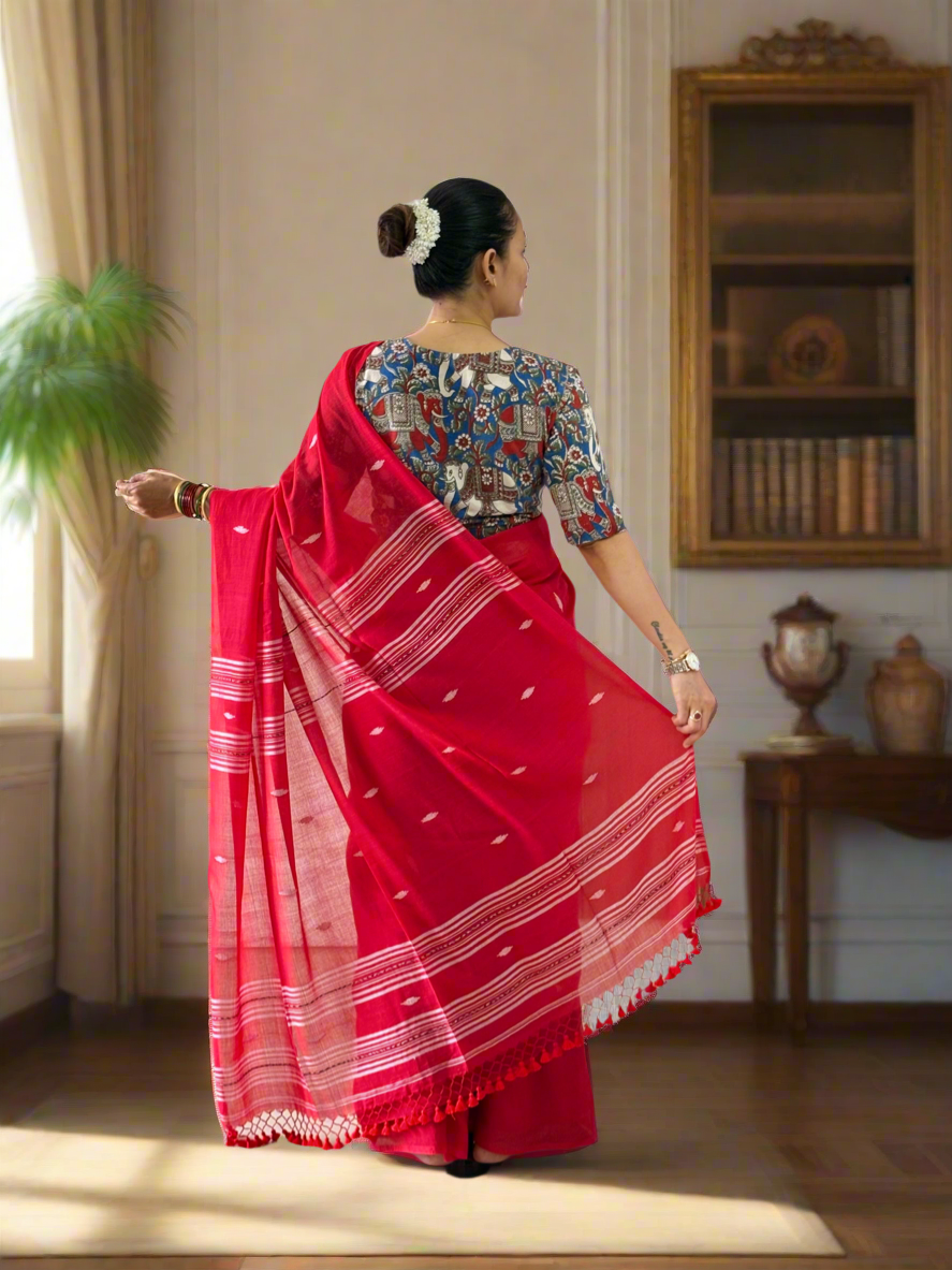 Handloom Mul Cotton Jamdani Butta Saree - Red