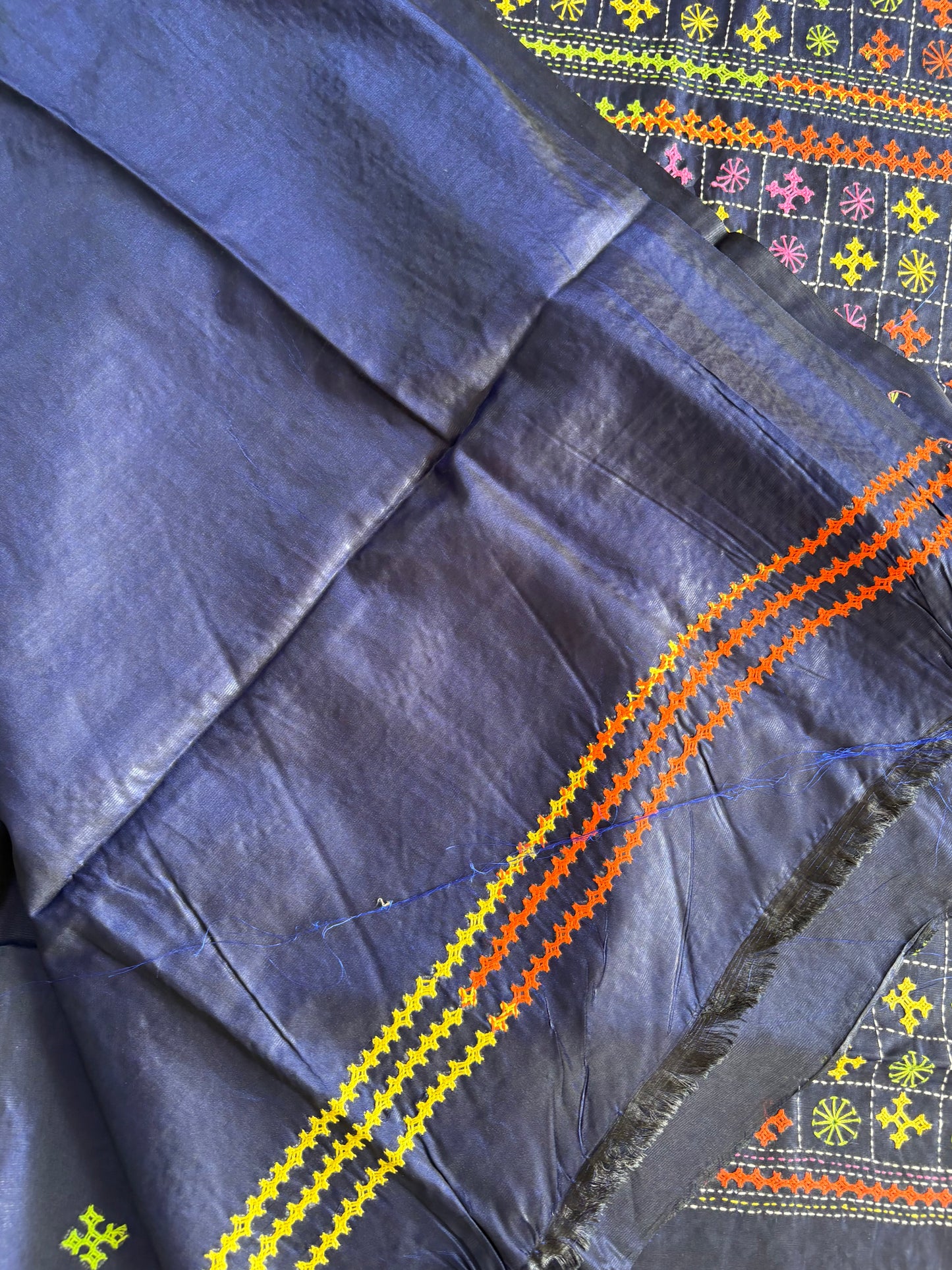 Gujrati Stitch/Kutch Hand Embroidered Art Silk Saree