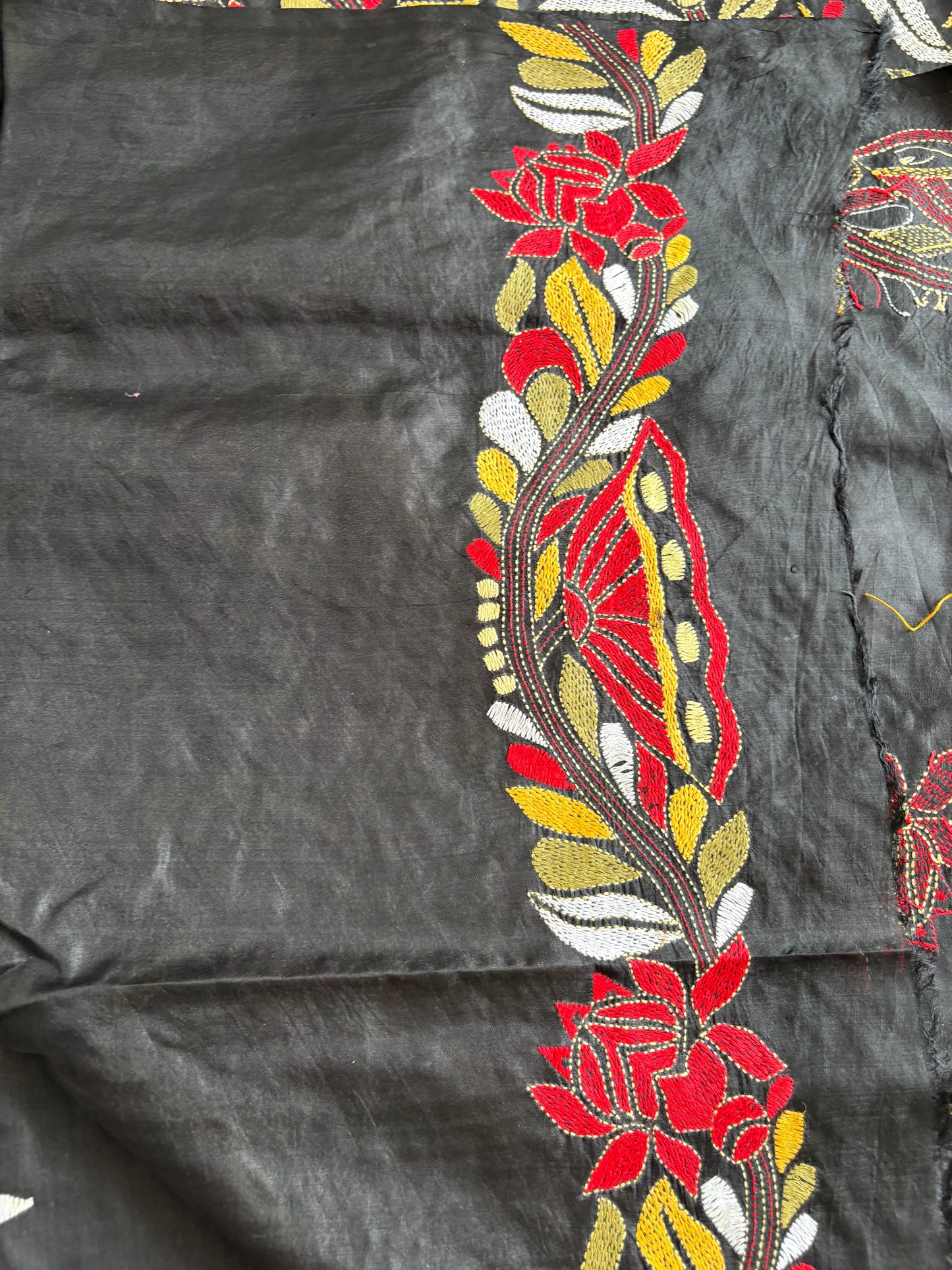 Black Kantha Stitch Hand Embroidered Pure Banglore Silk Saree (Silk Marked)