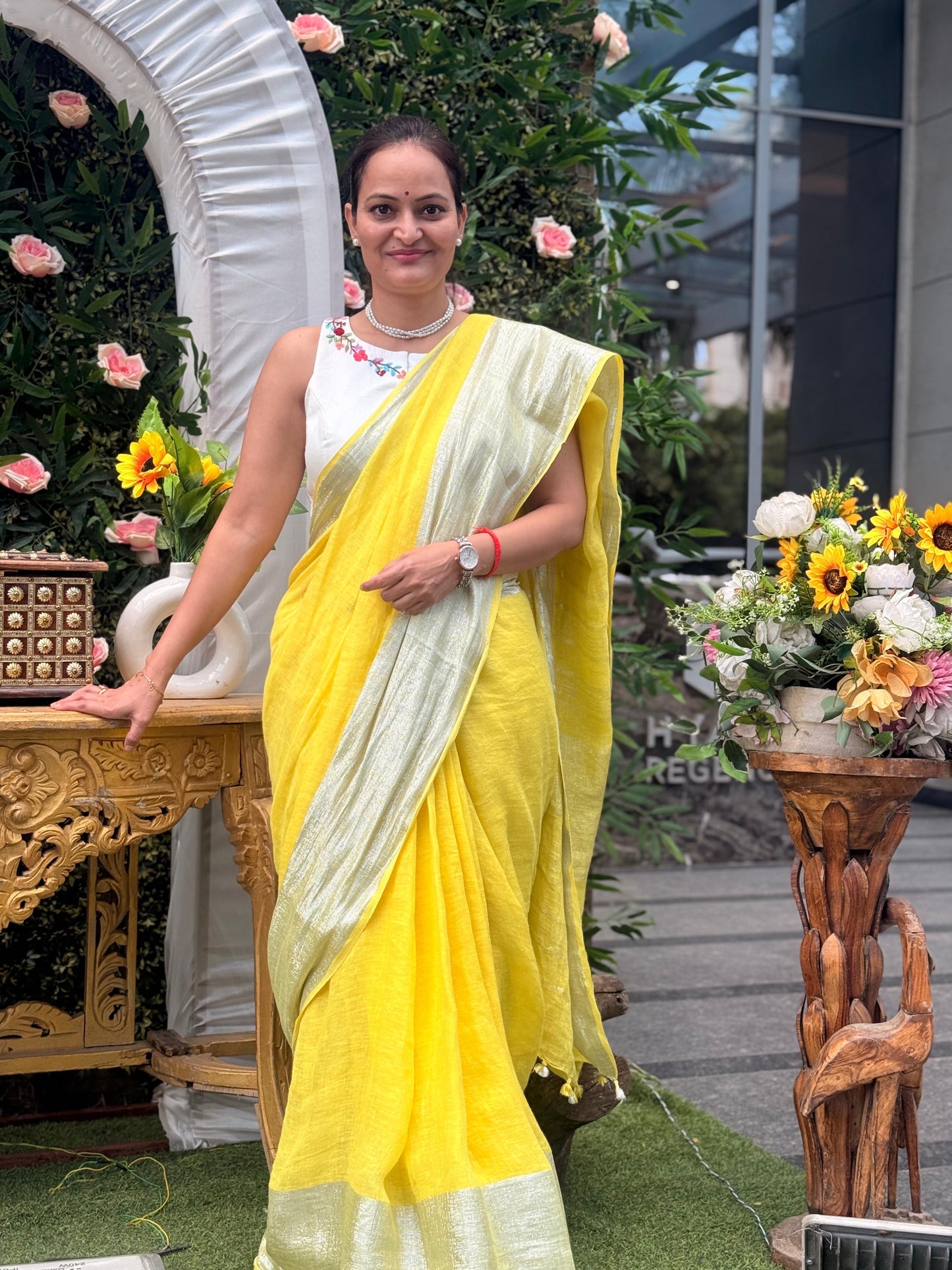 Yellow Silver pure Linen By Linen Saree With running Blouse