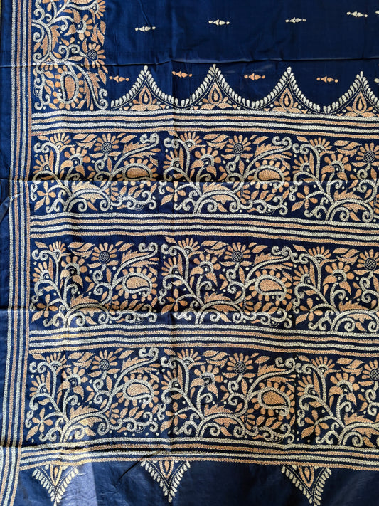 Kantha Stitch Hand Embroidered Art Silk Saree With Blouse