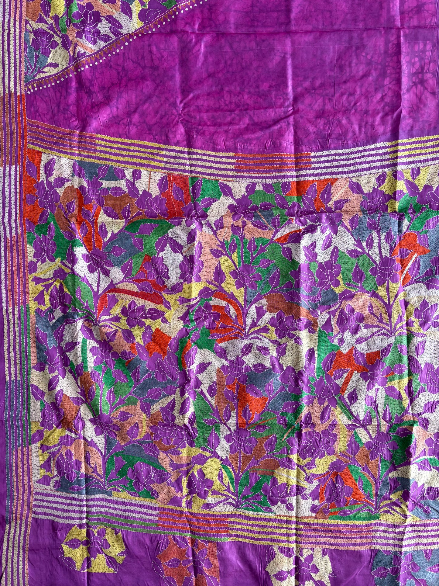 Reverse Kantha Hand Embroidered Blended Banglore Silk/Art Silk Saree With Blouse