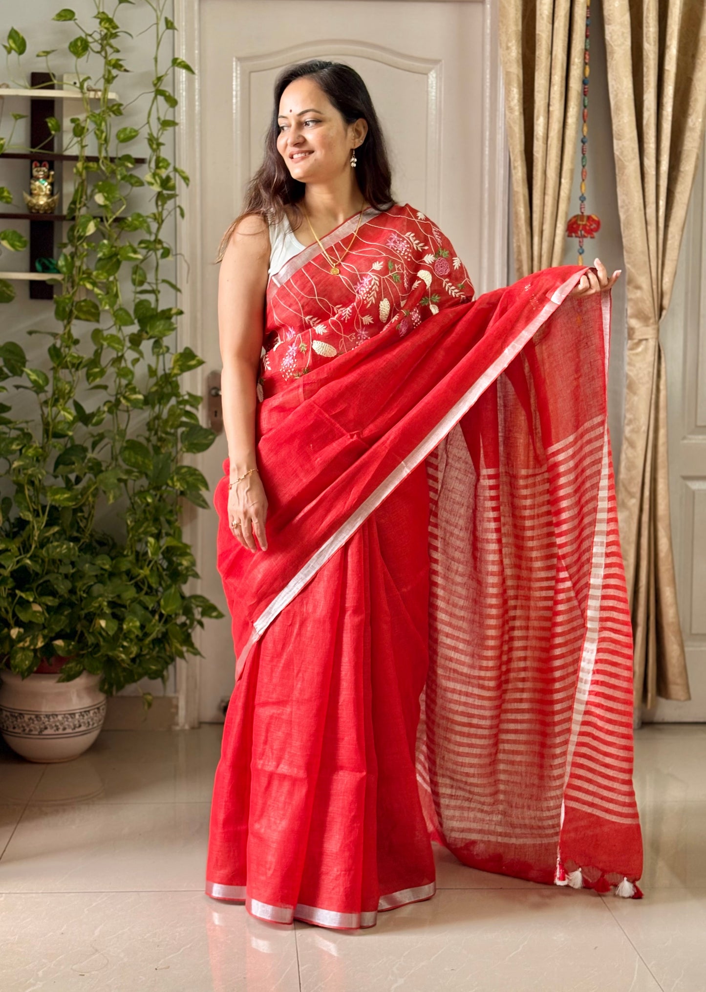 Pure Linen Saree With running Blouse - tomato Red