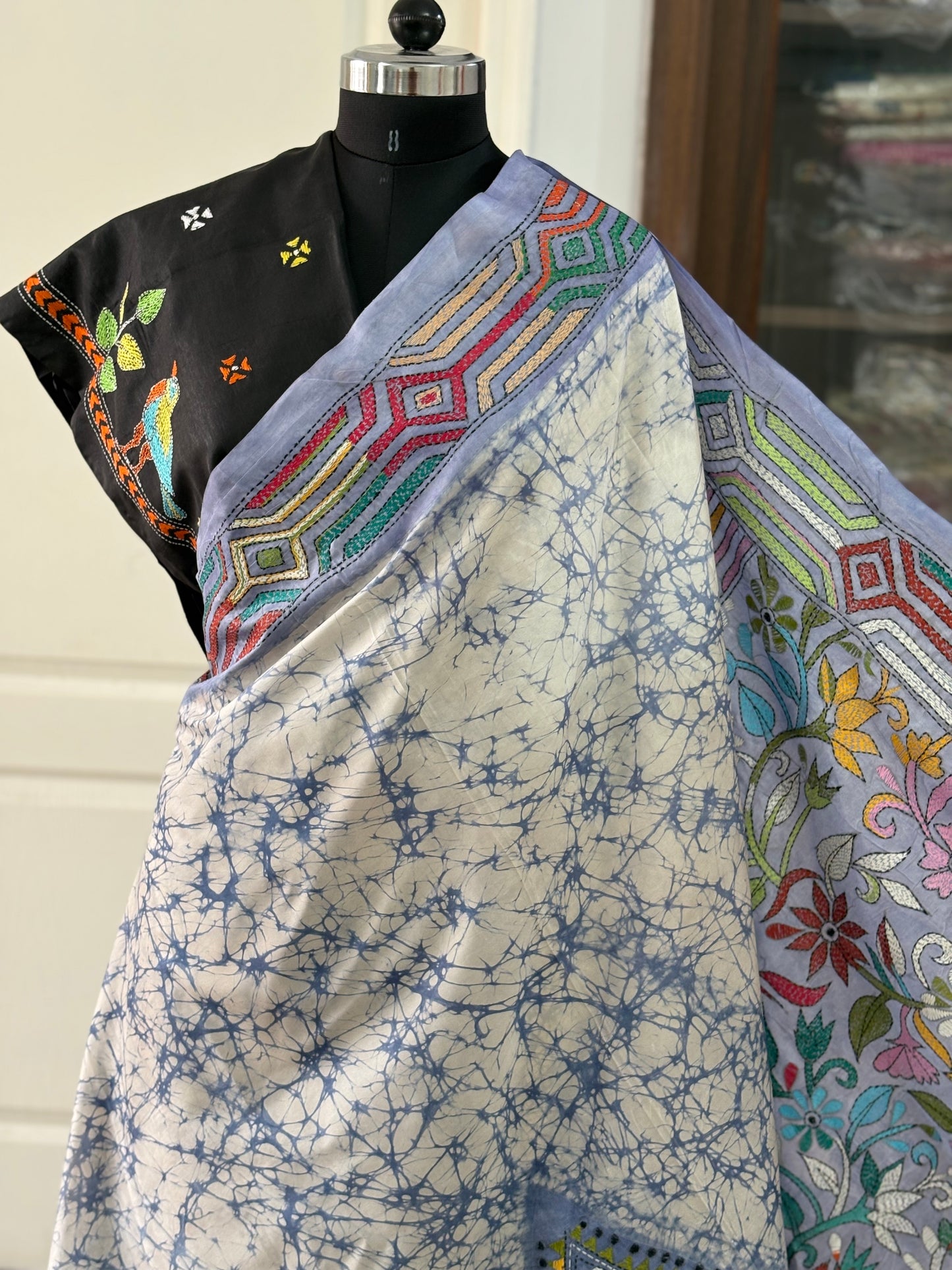 Kantha Hand Embroidered Hand Batik Art Silk Saree With Blouse