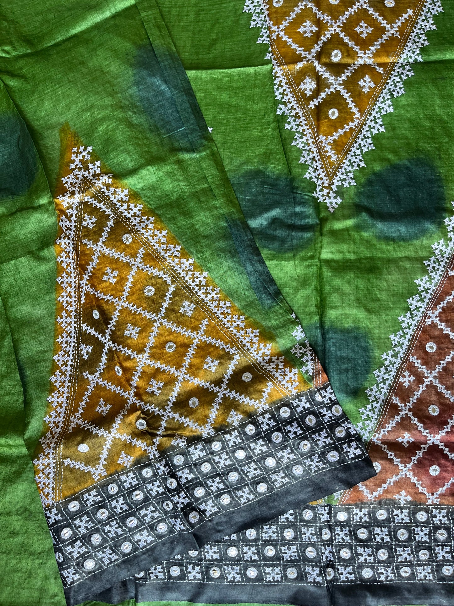 Green Kutch work/Gujrati stitch Hand Embroidered Pure Tassar Silk Saree