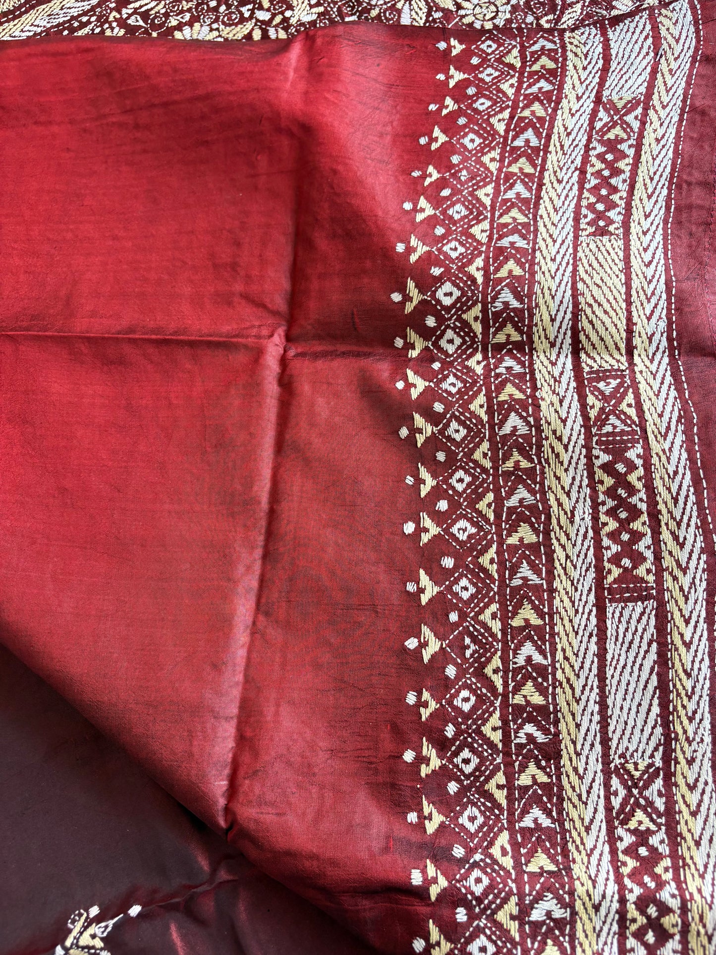 Kantha Stitch Hand Embroidered Pure Banglore Silk Saree (Silk Marked)