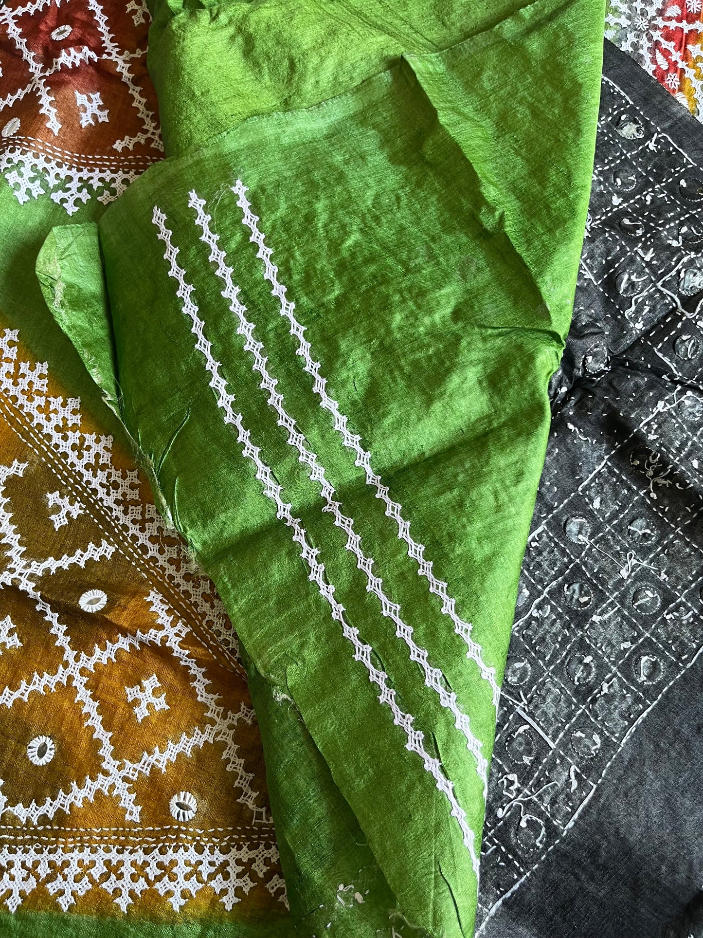 Green Kutch work/Gujrati stitch Hand Embroidered Pure Tassar Silk Saree