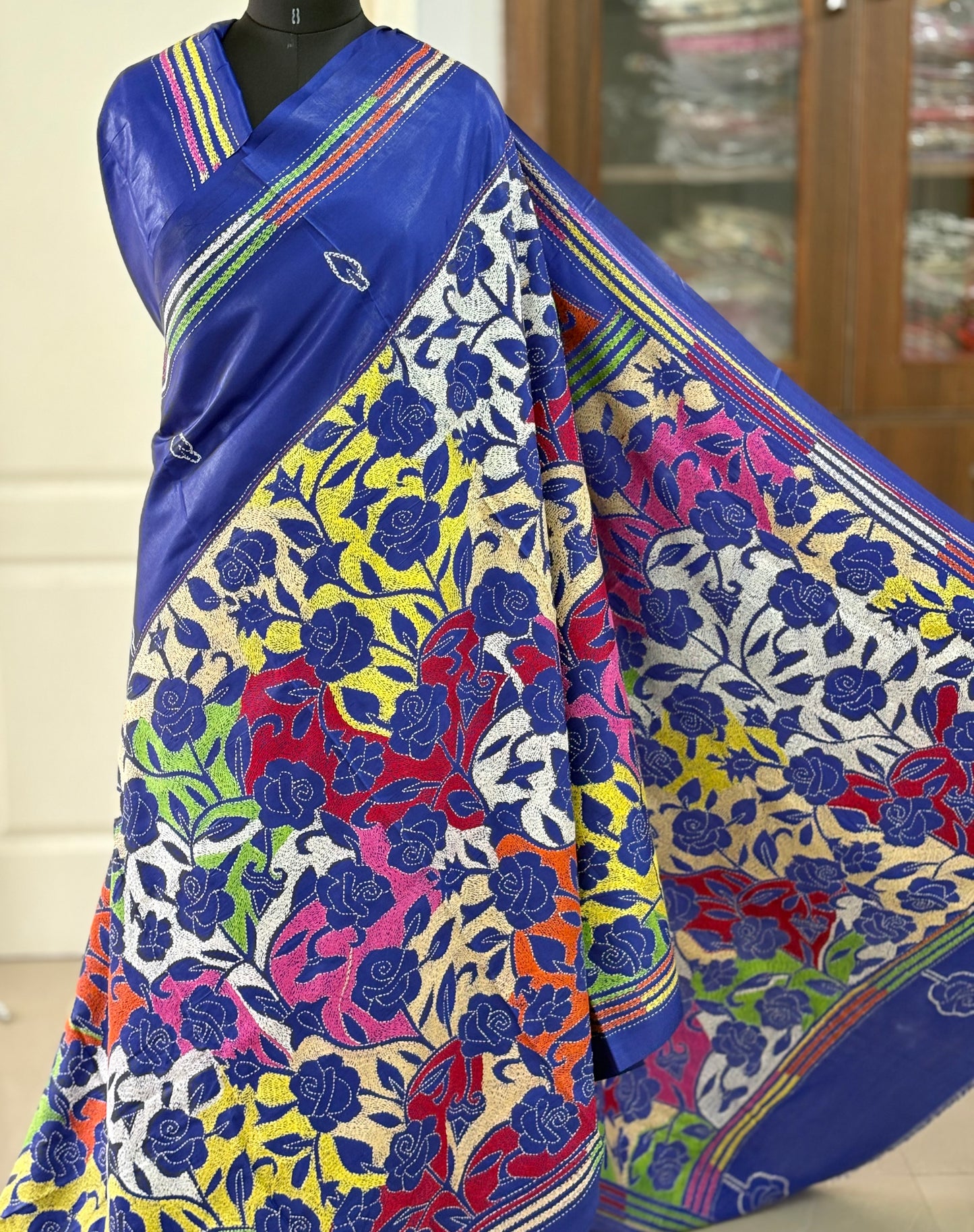 Kantha Hand Embroidered Blended Banglore Silk/Art Silk Saree With Blouse
