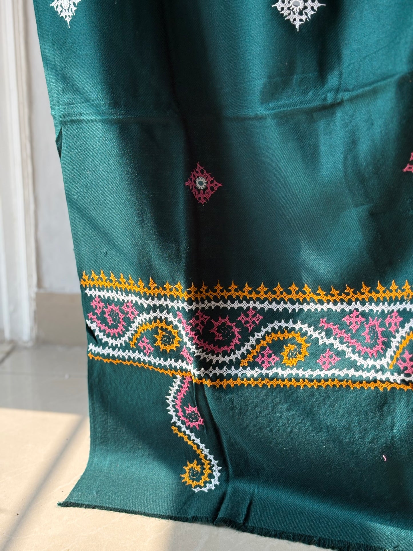 Gujrati Stitch Hand Embroidered Woollen Warm Shawl (Rama green)