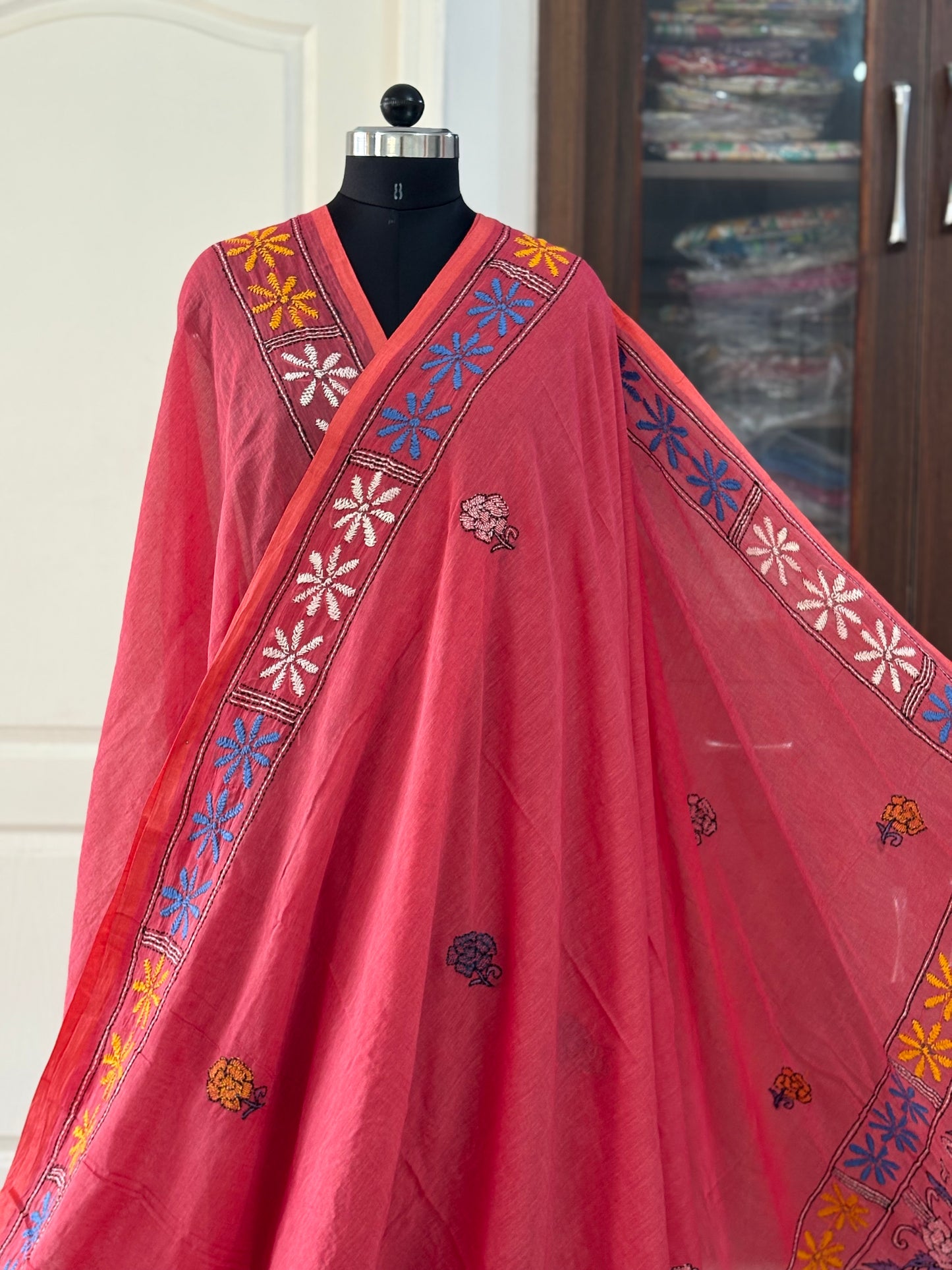 Kantha stitch Hand Embroidered Pure mul Cotton Saree