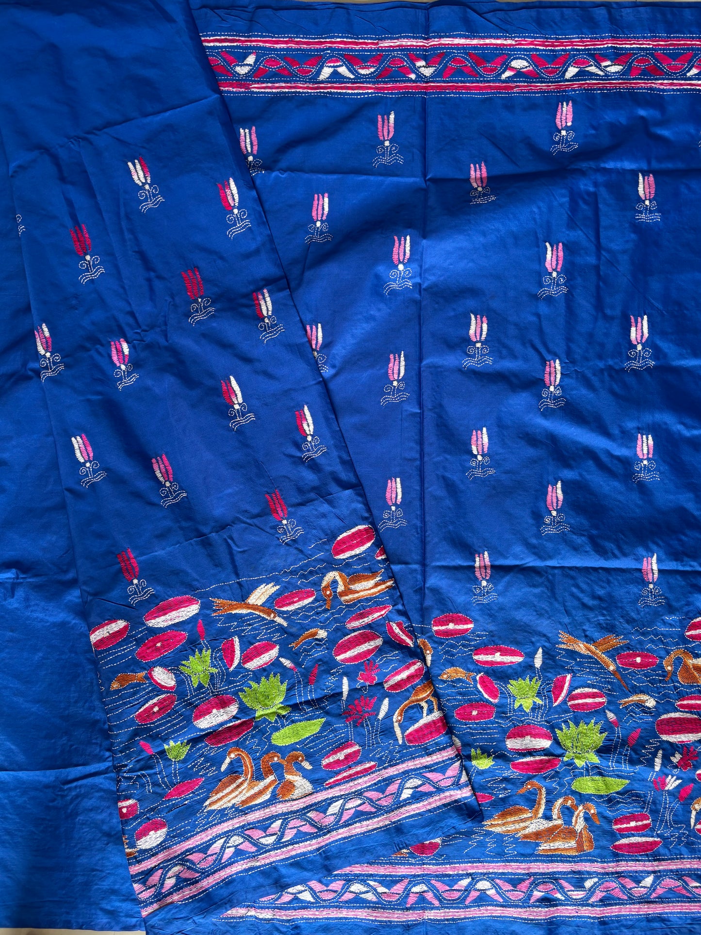 Royal Blue Hand work Kantha stitch Saree in art silk/Blended Banglore Silk