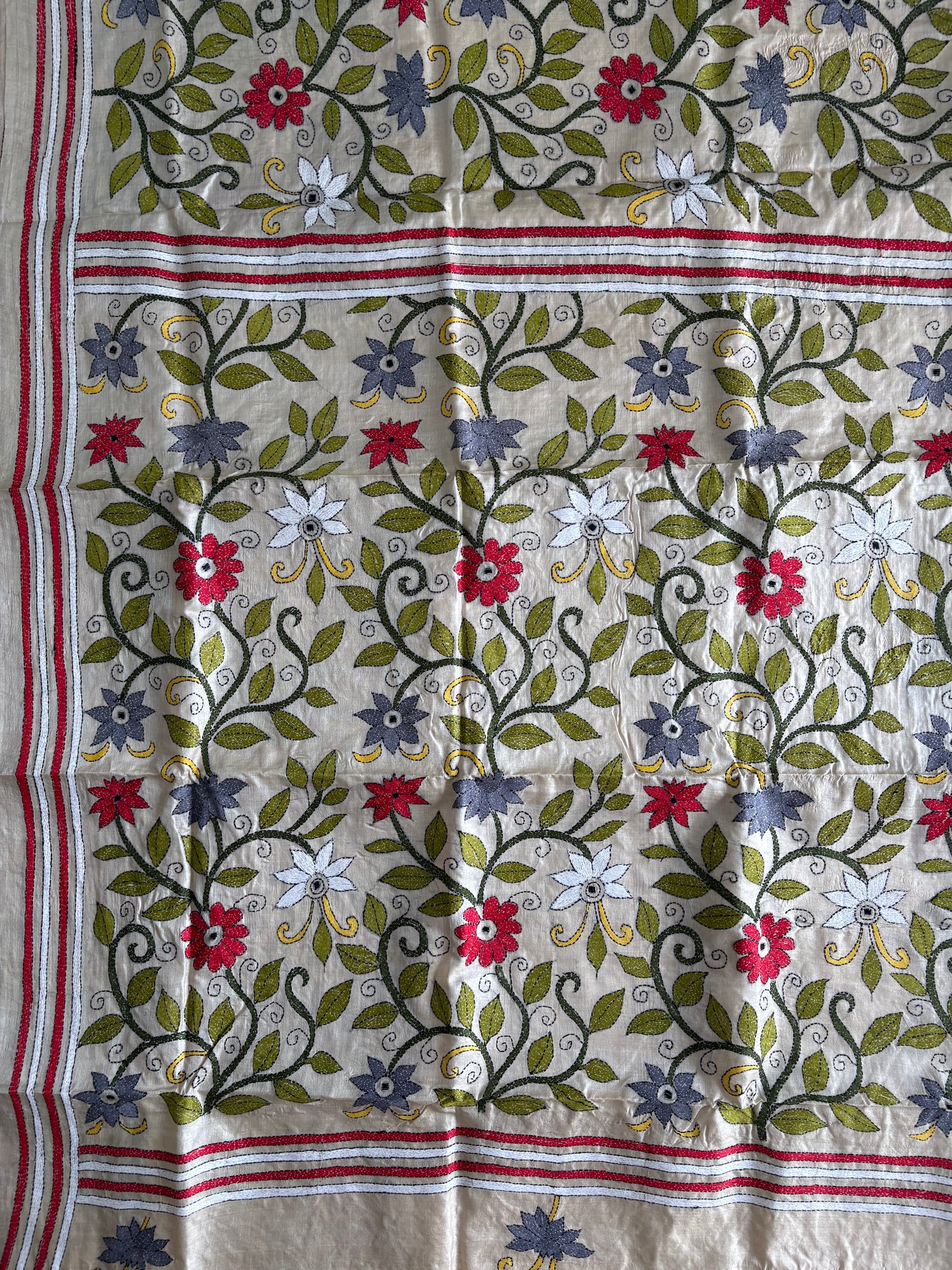 Kantha Stitch Hand Embroidered Pure Gachi by Gachi Tussar Silk Saree (Silk Marked)