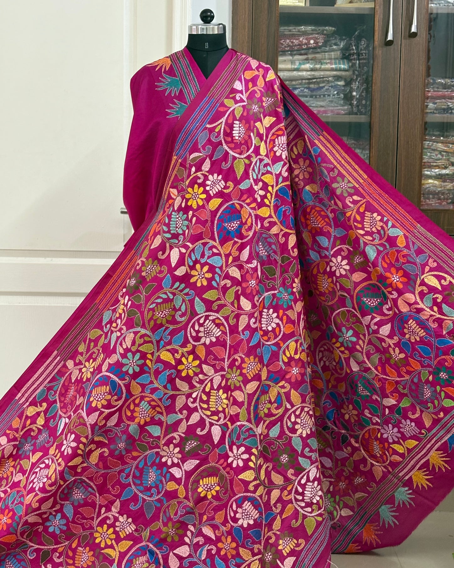 Kantha Stitch Hand Embroidered Pure Banglore Silk Batik Saree (Silk Marked)