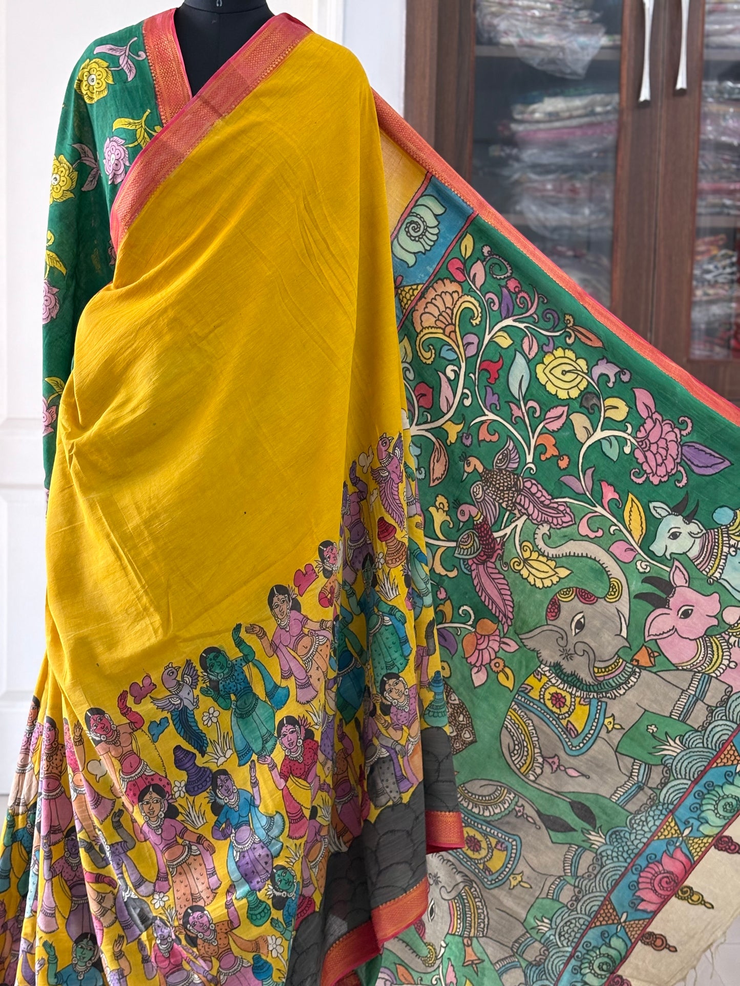 Pen Kalamkari hand painted pure cotton Saree with blouse
