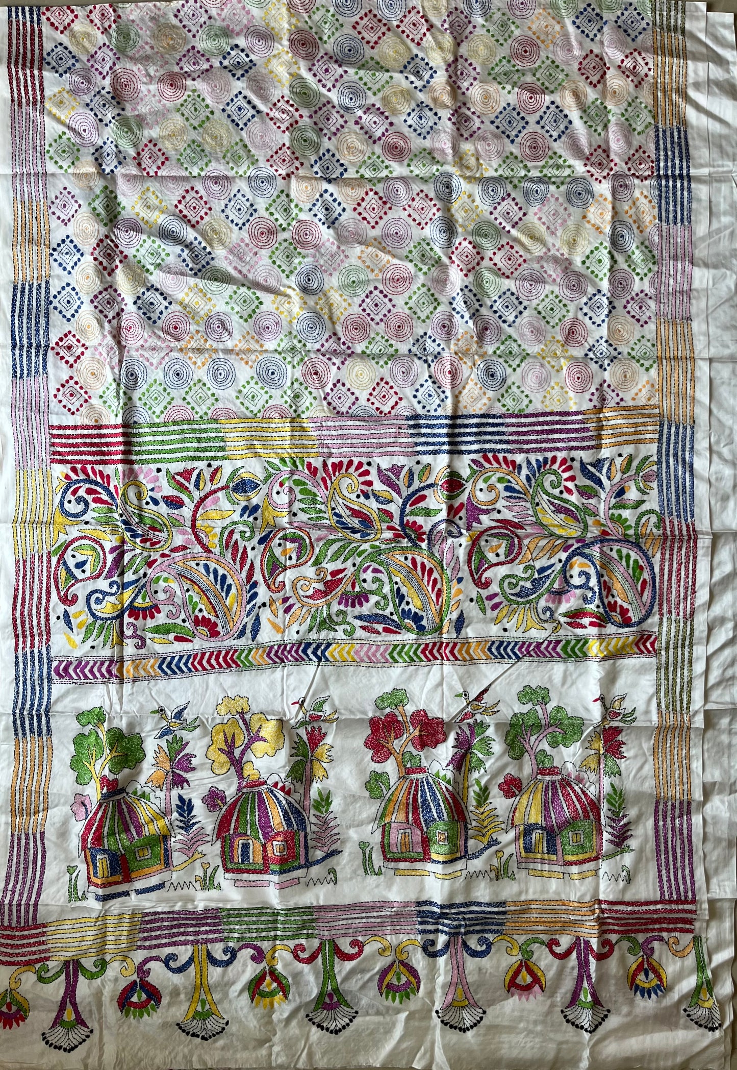 Off white hand embroidered Kantha stitch Saree in Art silk