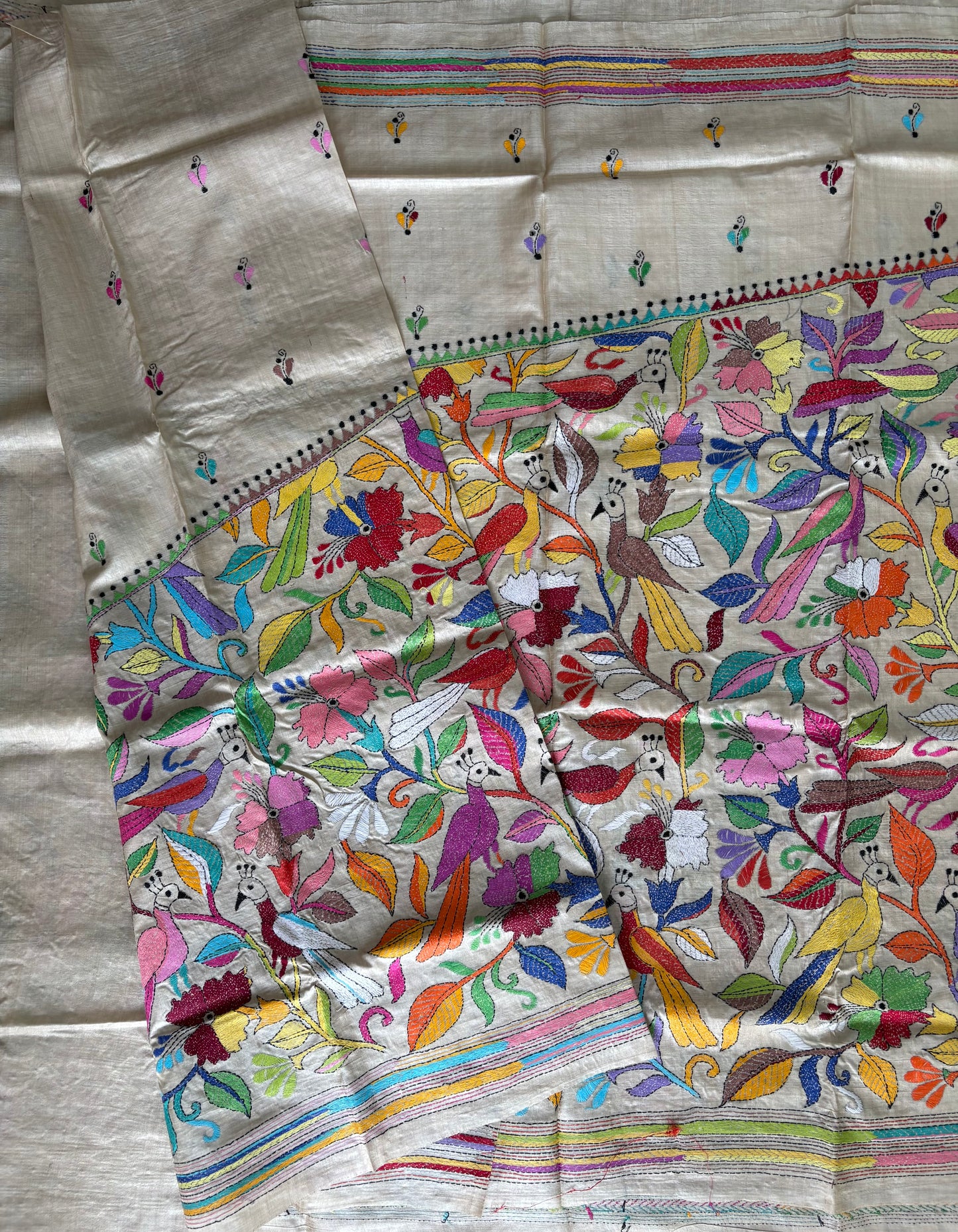 Kantha Stitch Hand Embroidered Pure Gachi Tussar Silk Saree (Silk Marked)
