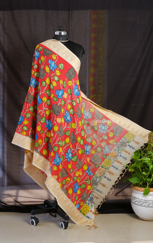 Pen Kalamkari Hand Painted Bangalore Silk Dupatta | Red | 36"