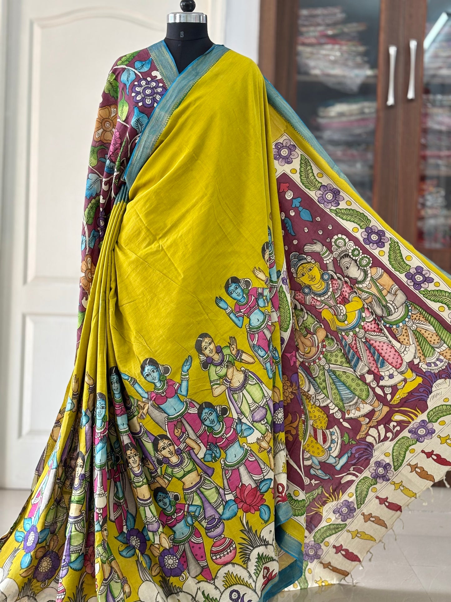 Pen Kalamkari hand painted pure cotton Saree with blouse