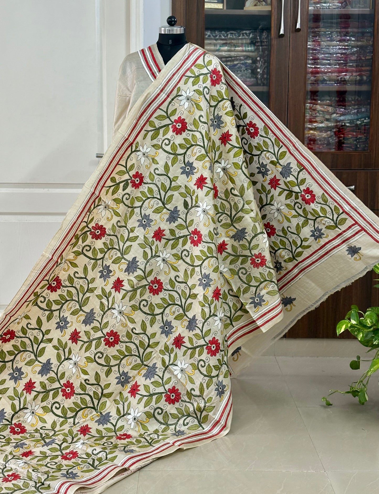 Kantha Stitch Hand Embroidered Pure Gachi by Gachi Tussar Silk Saree (Silk Marked)