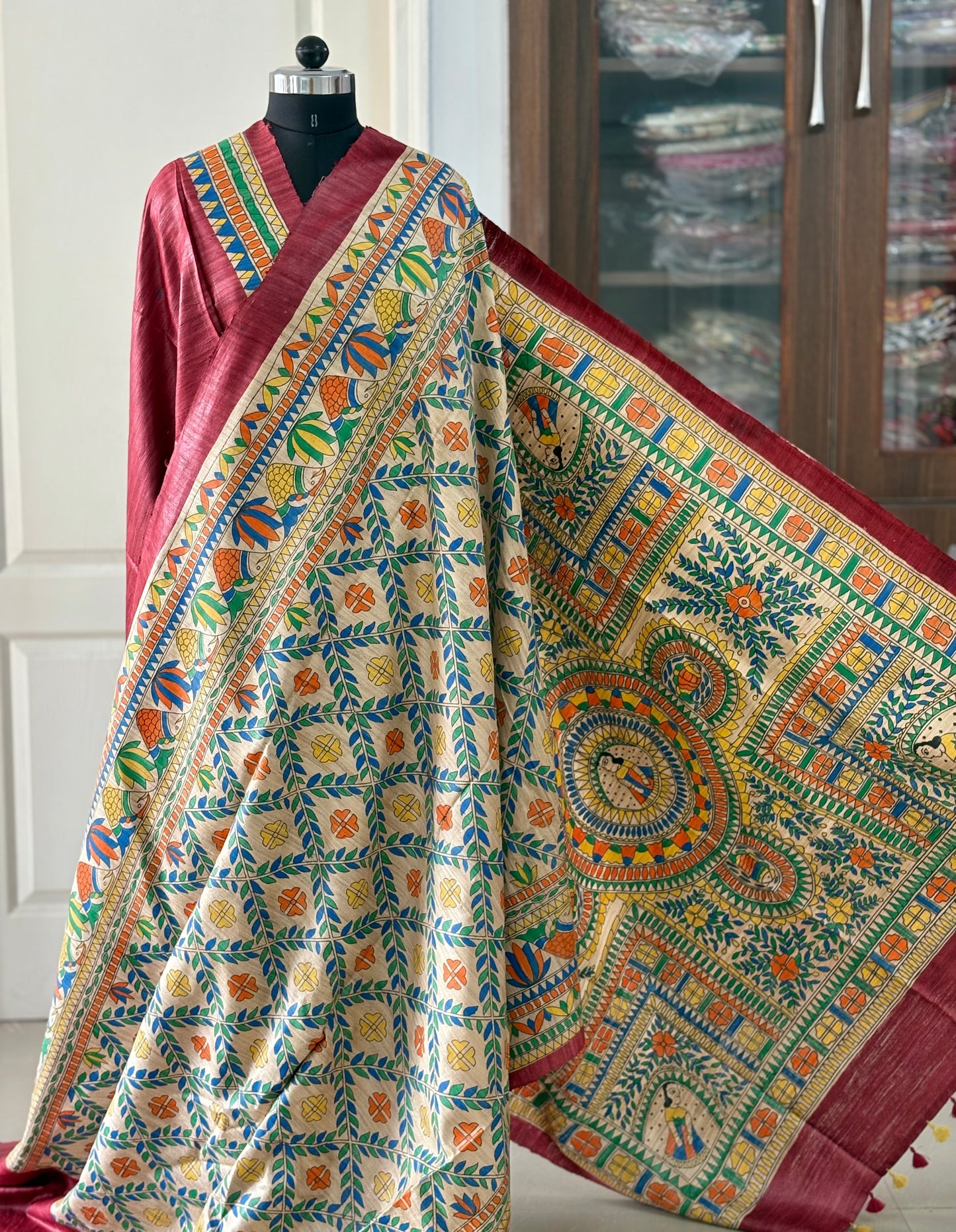 Pure Tussar Ghicha Silk Handcrafted Madhubani Half Saree (Silk Marked)