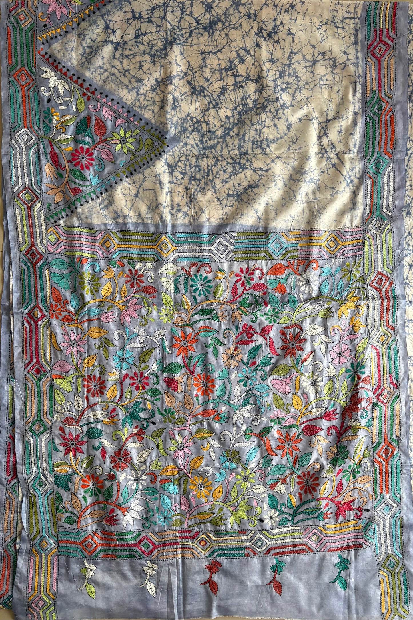 Kantha Hand Embroidered Hand Batik Art Silk Saree With Blouse
