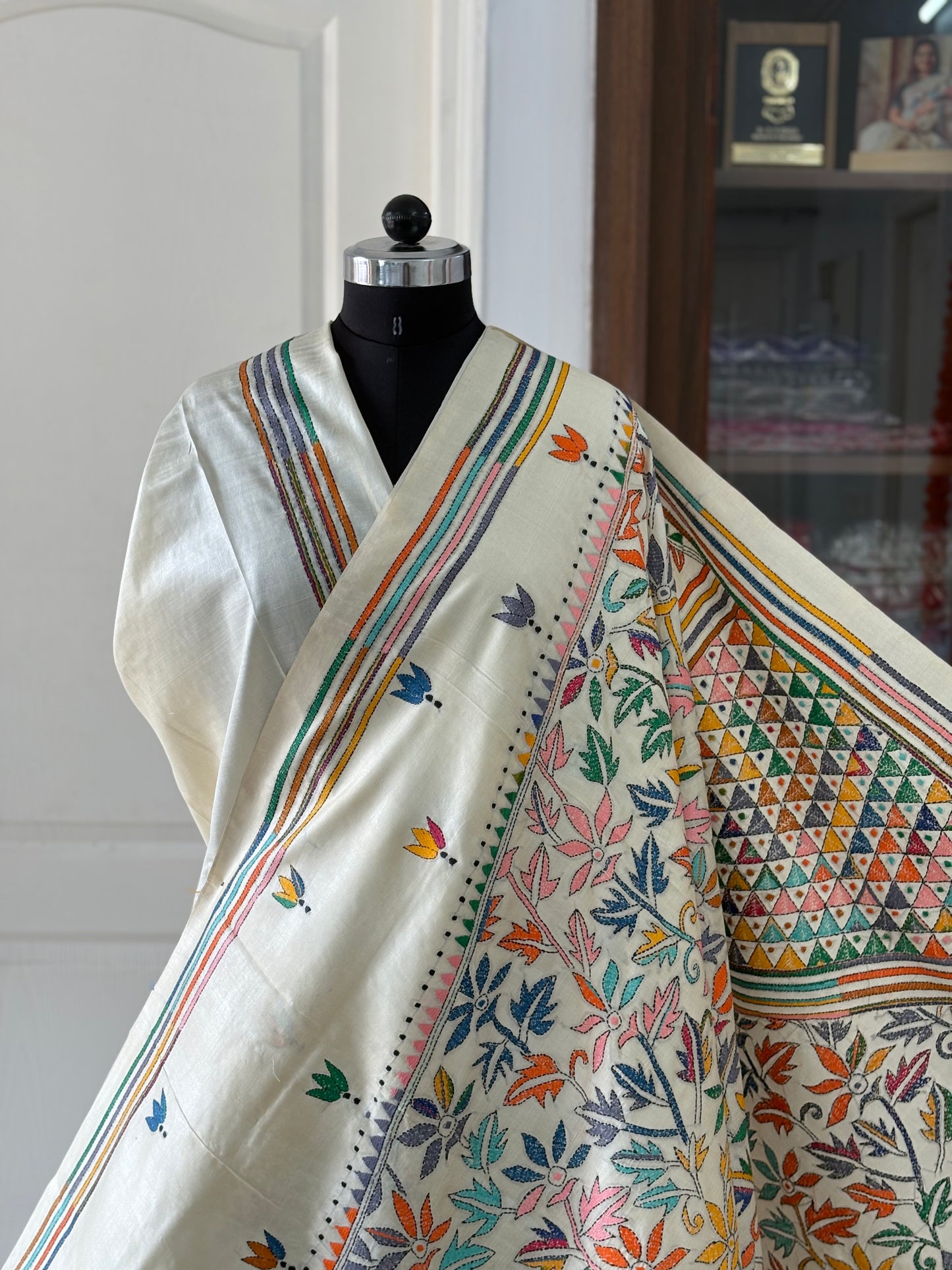 Off White Kantha Hand Embroidered Pure Tassar Silk Saree