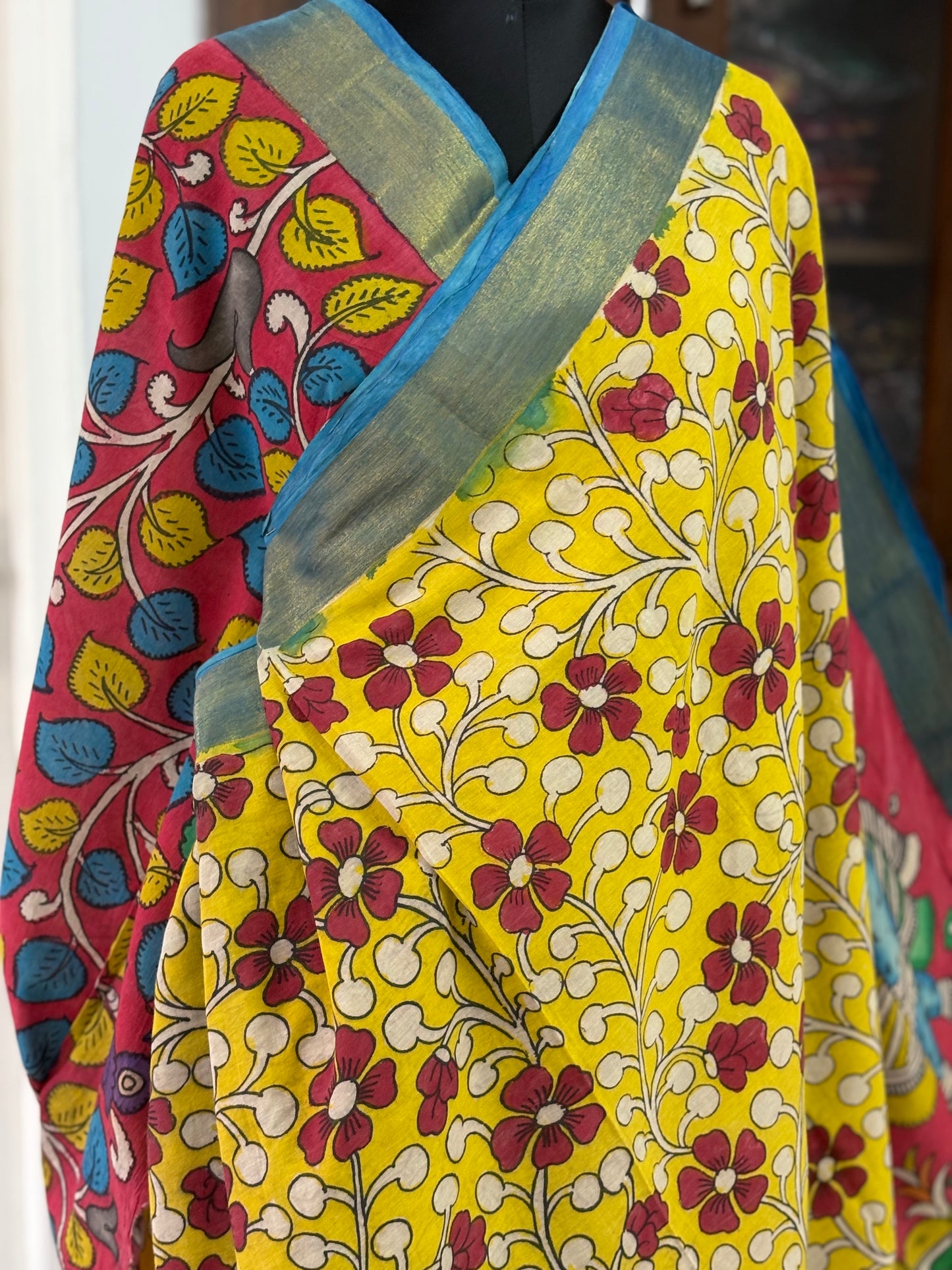 Pen Kalamkari hand painted pure cotton Saree with blouse