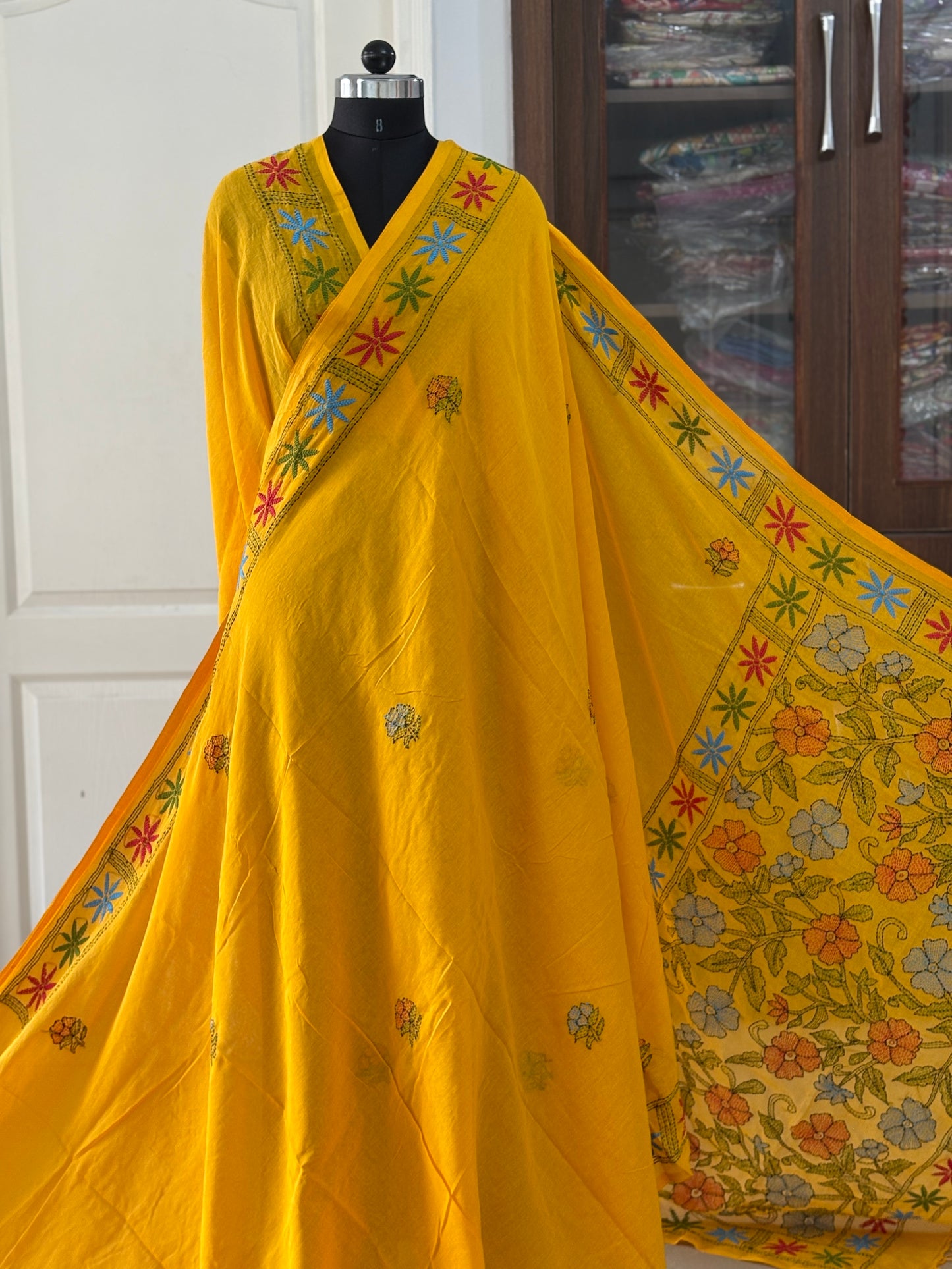 Kantha stitch Hand Embroidered Pure mul Cotton Saree