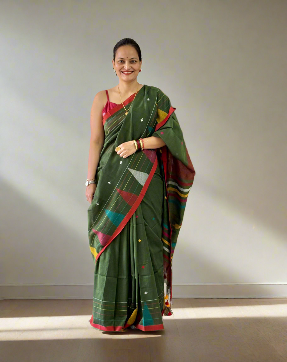 Pure Cotton handwoven Saree (Handloom Marked)- Green