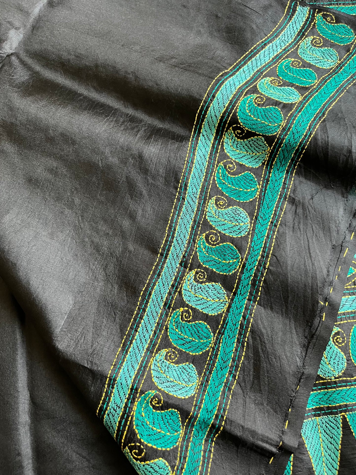 Black Kantha Hand Embroidery Pure Bangalore Silk Saree