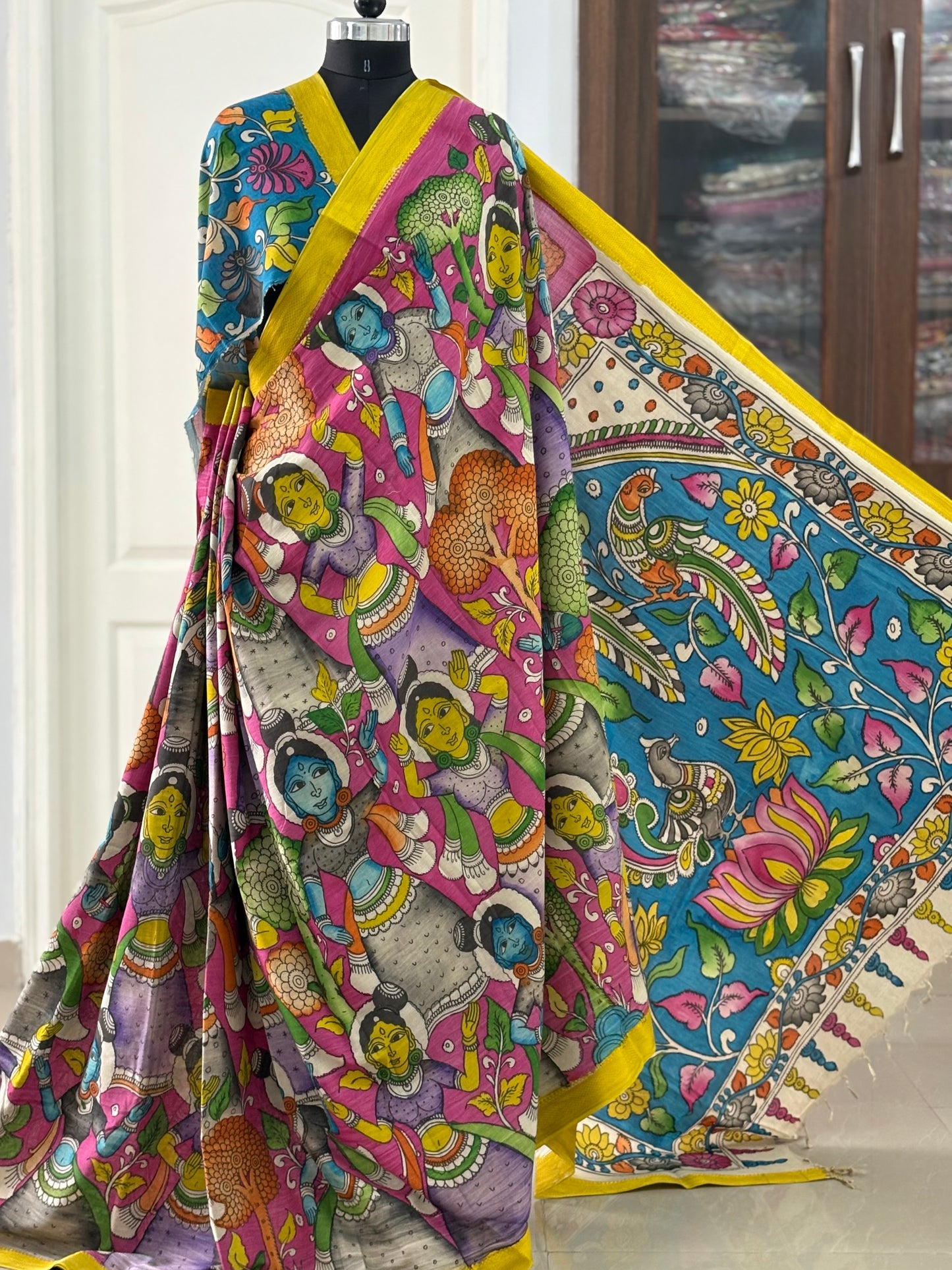 Pen Kalamkari hand painted pure cotton Saree with blouse