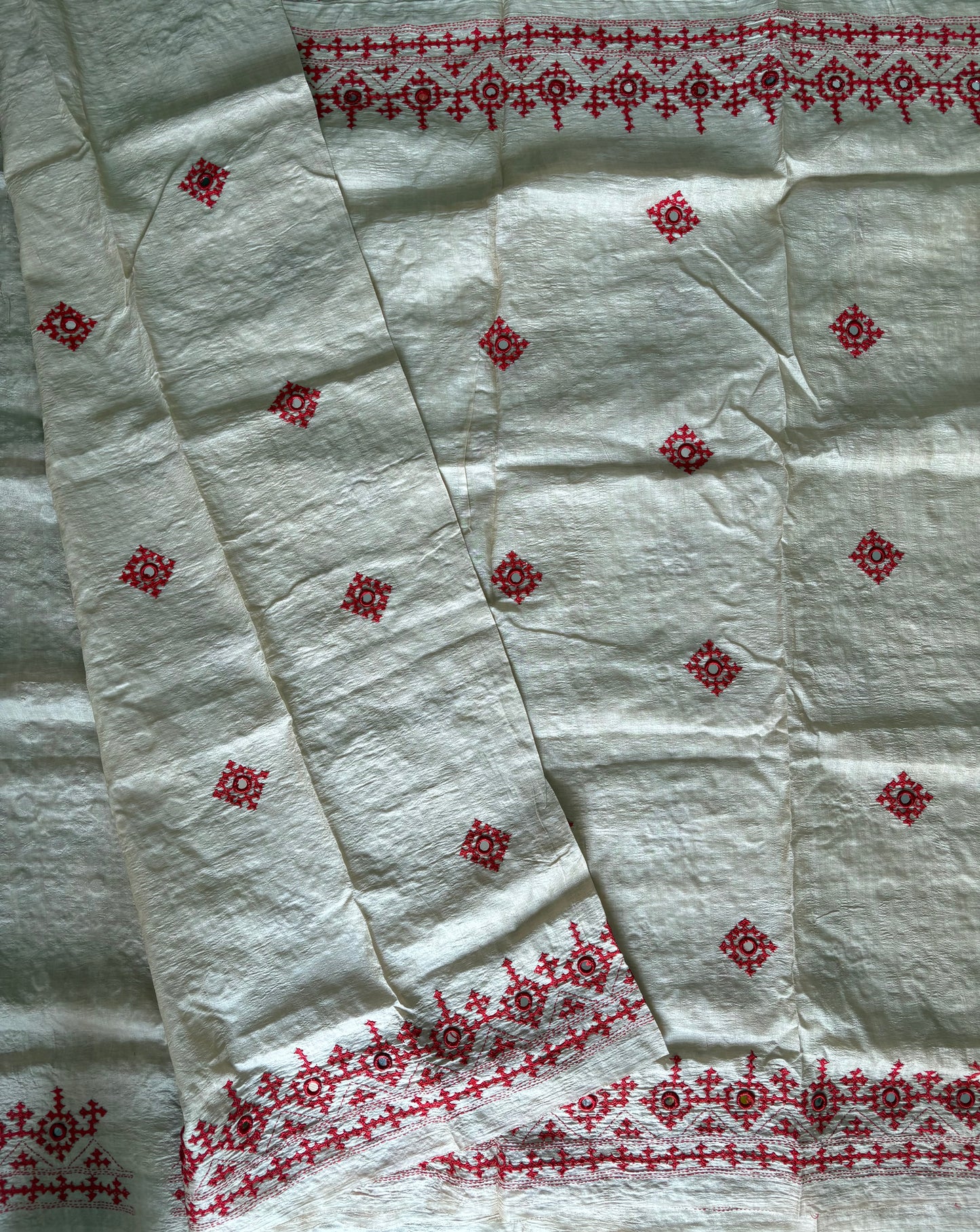 Kutch Hand Embroidered Pure Gachi Tassar Silk Saree with real mirror work