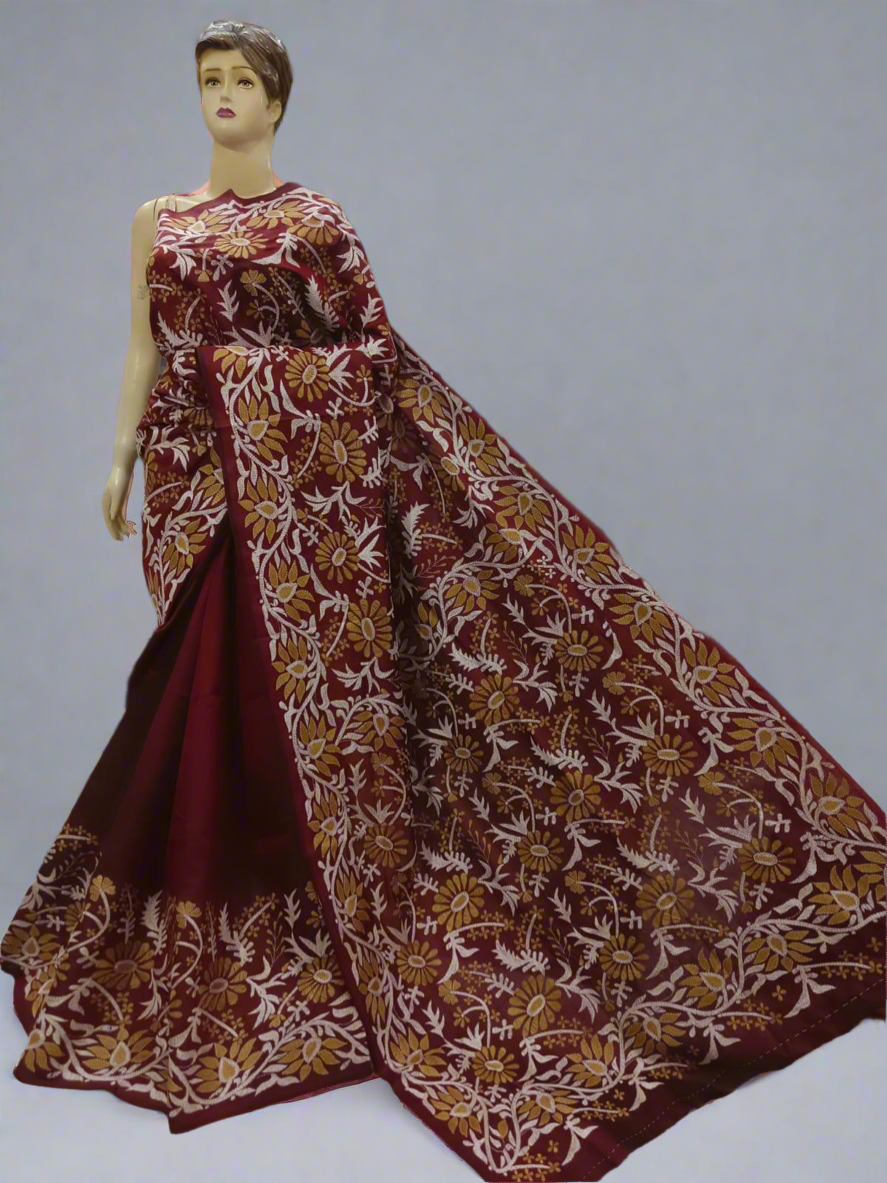 Maroon Kantha Stitch Hand Embroidered Pure Banglore Silk Saree