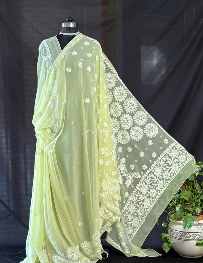 Chikankari Hand Embroidered Saree | Semi Georgette | Lime Green