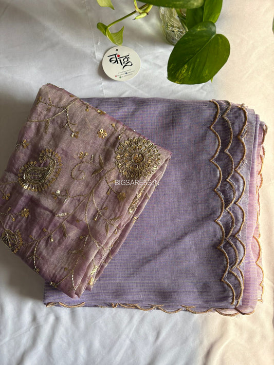 Mul Cotton Saree | Gold Stripes | Lavendar